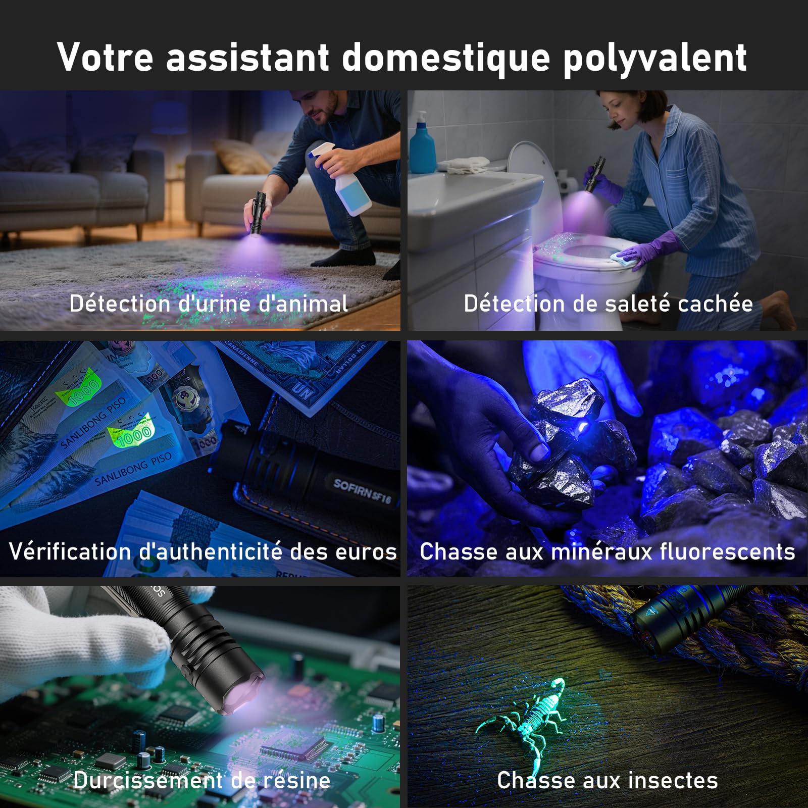 Lampe de poche UV 365 nm - Lumière noire - Lampe torche tactique rechargeable à LED pour détecter l'urine de chien - Dévoilement des taches invisibles - Ultraviolet pur haute définition (SF16 Noir)