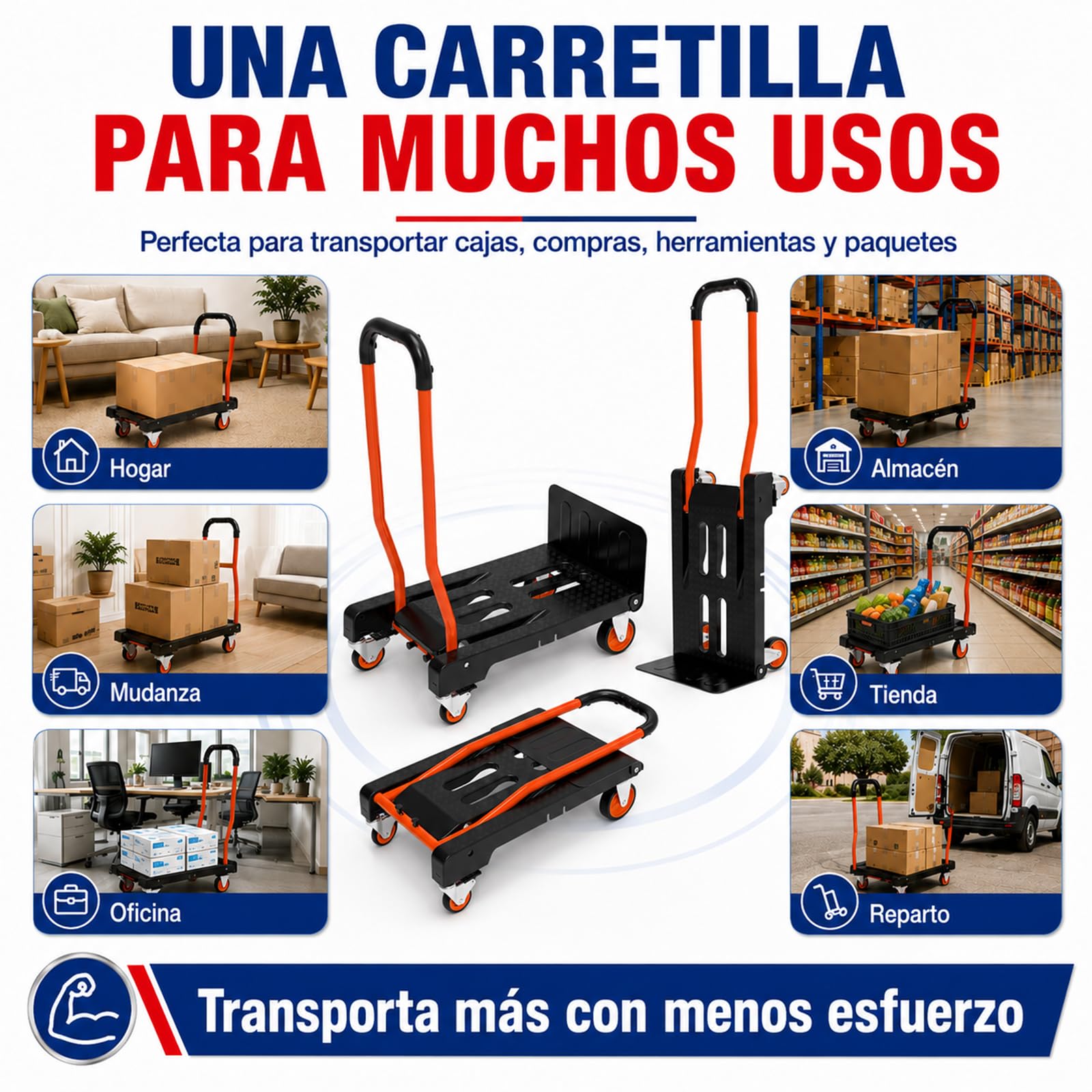 2 en 1 Carretilla de Mano Plegable Carga de 150 kg Carro de Mano de Alta Resistencia con Ruedas Mango Telescópico para Transporte Doméstico, Mercancías de Almacén Supermercado