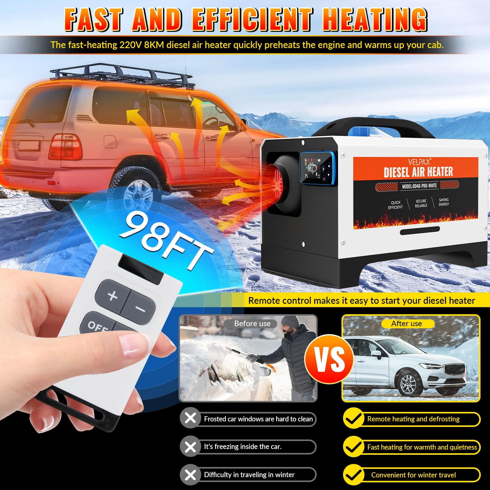 VELPAX Calentador Diésel Portátil Todo en Uno 12 V 24V 220V 8KW,Bluetooth App Calentador de Aire Diesel 0,16-0,52 L/h LCD de Control Remoto,Adecuado para Autocaravanas,Coches,Camiones,Autobuses