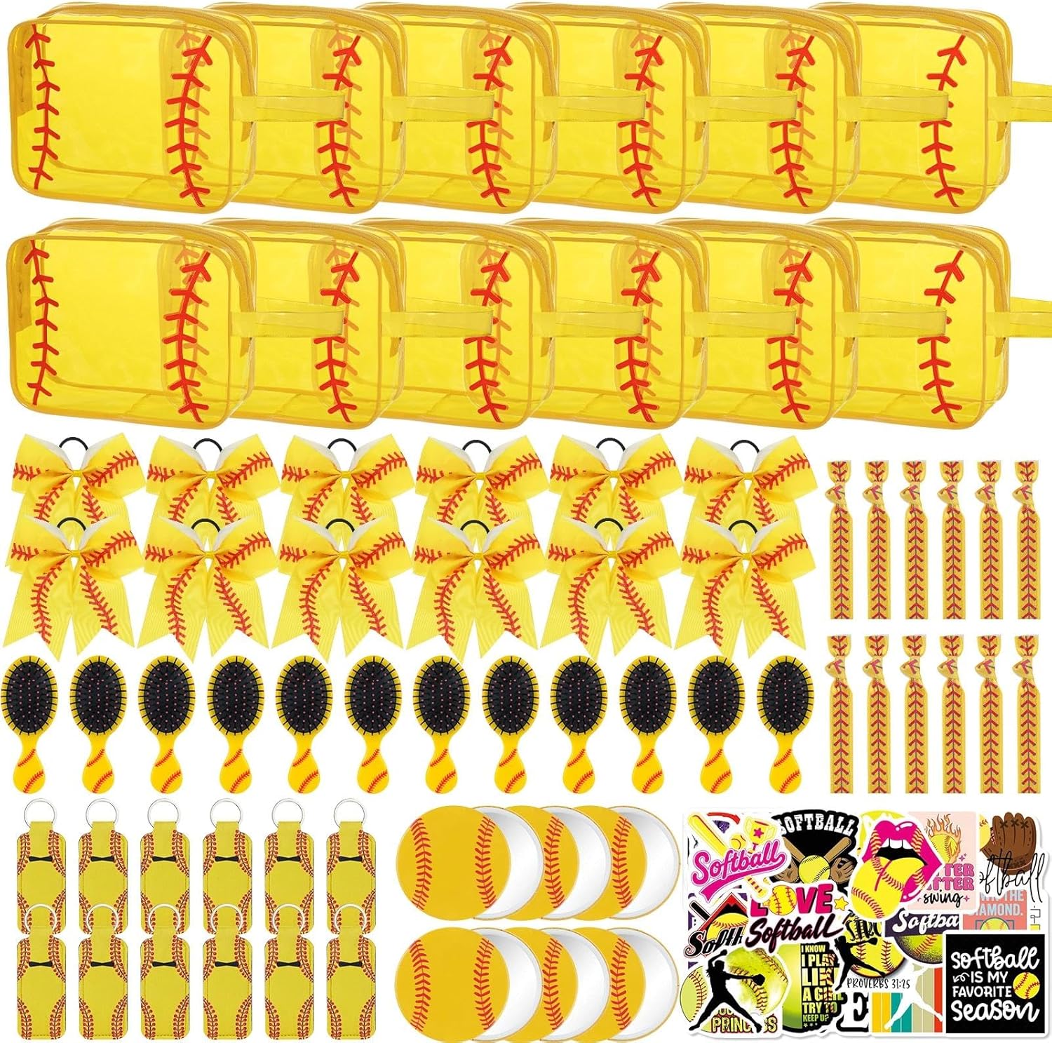 172PCS Softball Party Favors Sets,Include Cosmetic Bag, Combs, Mirrors, Keychains, Bow Hair Scrunchies, Bracelets,and Stickers for Team Players and Lover, Serve 12 Guests