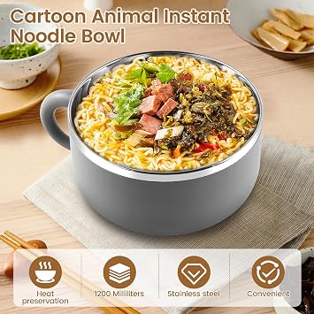 Generic 1.2L Ramen Bowl Cooker, 600g Max, Uncoated, Grey, With Lid, Includes Ramen Bowl Cooker, Spoon, Fork