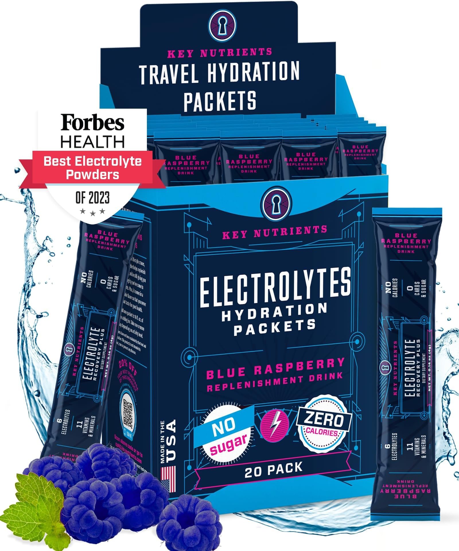 KEY NUTRIENTS Electrolytes Powder Packets 20 Pack - No Sugar, Delicious Blue Raspberry, Hydration Packets with Electrolyte Powder for Refreshing Electrolyte Drink Mix Packets - Zero Calories