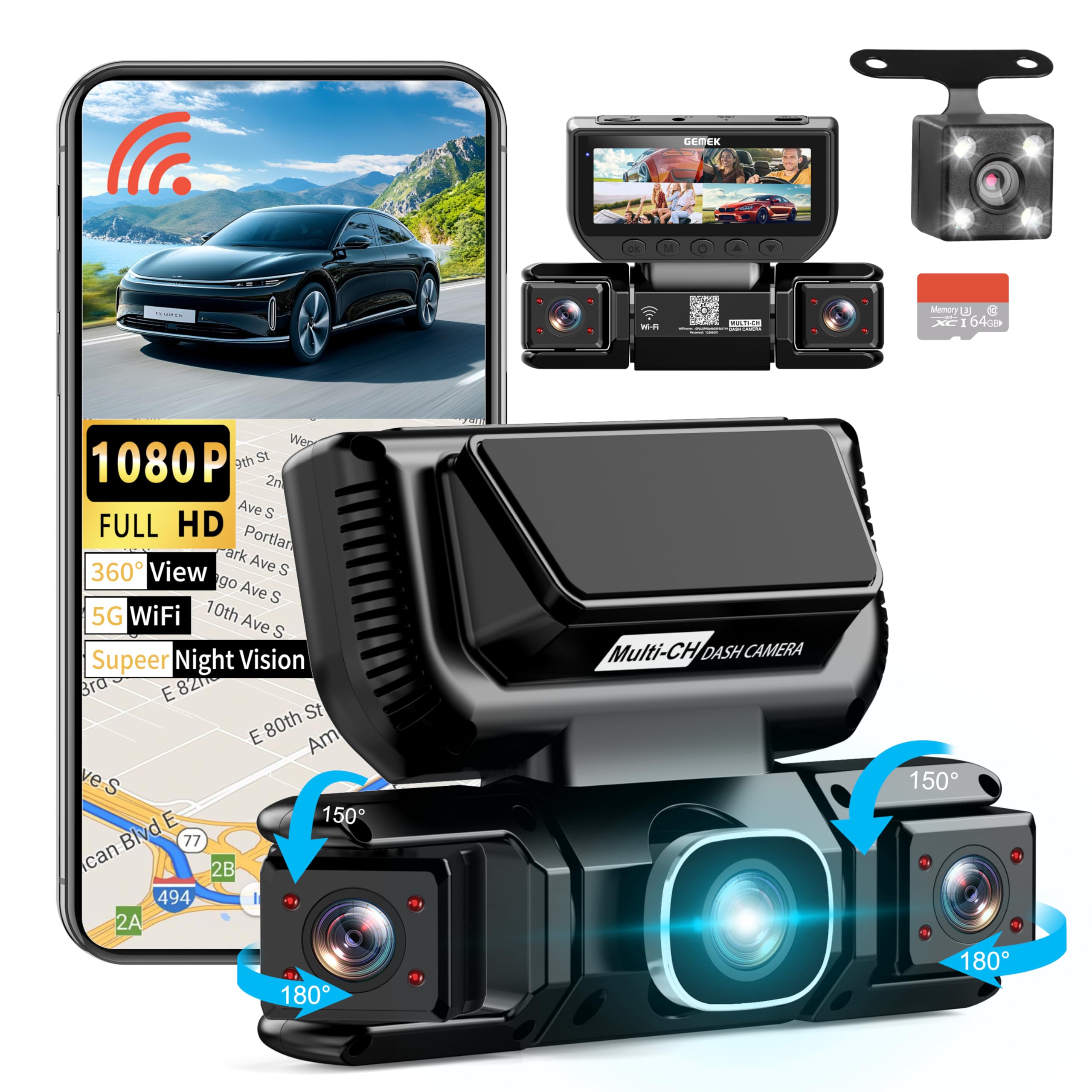 360 Degree View 4 Channel Dash Cam 5G WiFi & APP Control, GEMEK 2K Front and Rear Inside, Left Right Dash Camera for Cars Free 64GB TF Card, G-Sensor, Night Vision, 24H Parking Mode