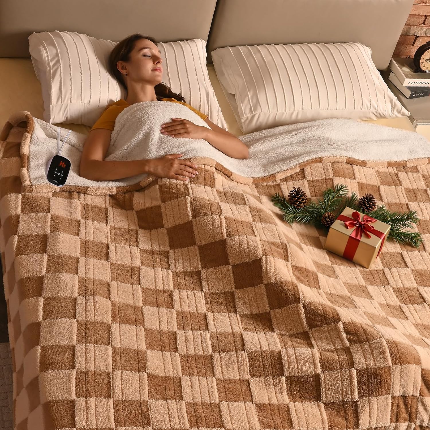 Bearhug Electric Blanket Full Size 77" x 84", Reversible Brown Plaid Sherpa Heated Blanket, 10 Heating Levels & 1-12H Auto Off, ETL Certified, Machine Washable, Gift Box