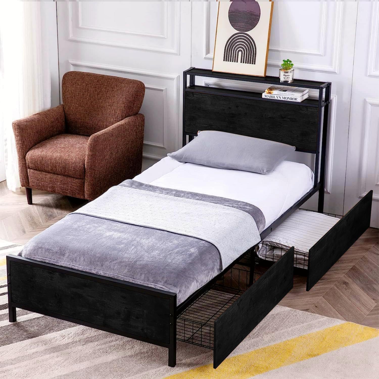 GAZHOME Twin Bed Frame, Platform Bed with 2-Tier Storage Headboard, Solid and Stable, Noise Free, No Box Spring Needed, Easy