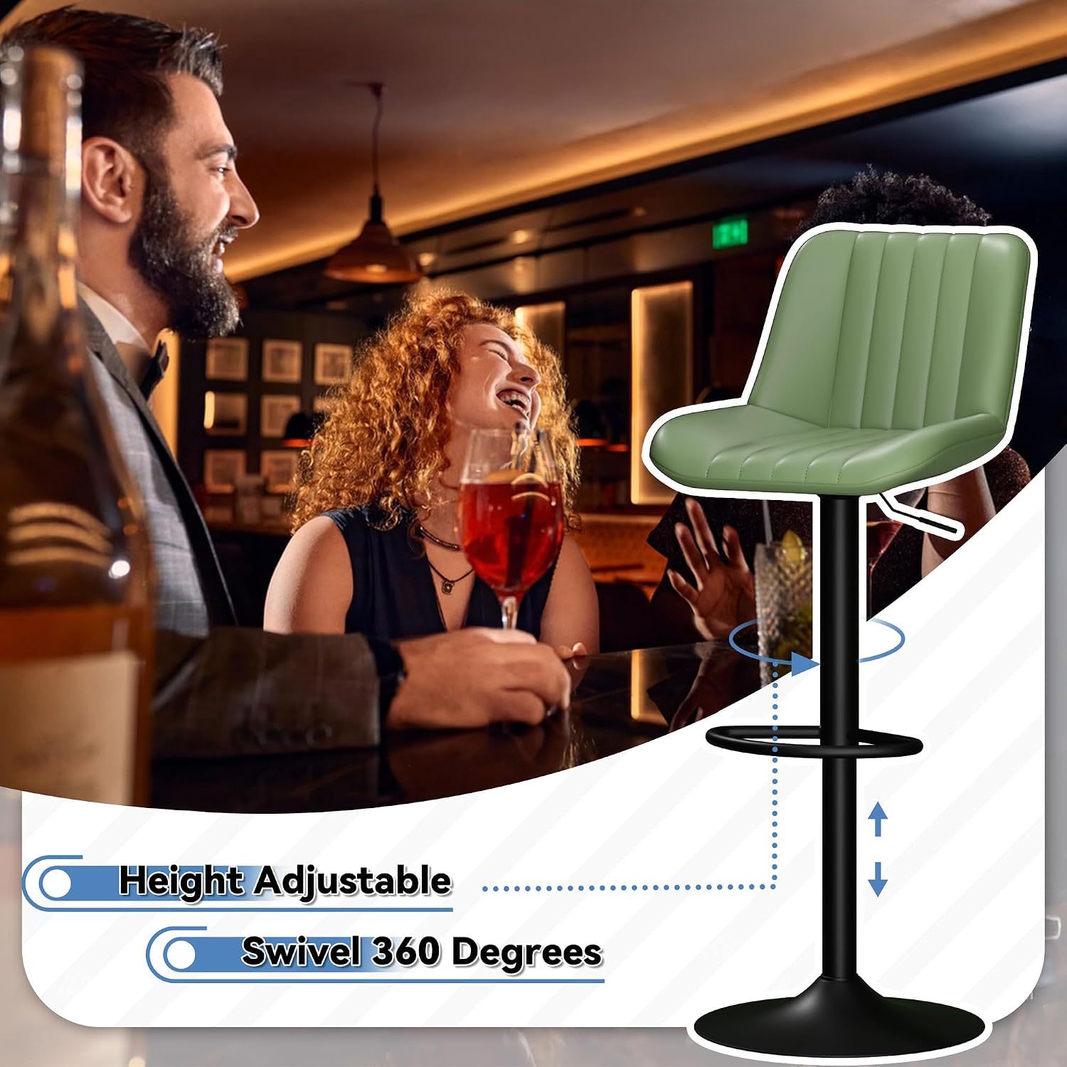 JY QAQA Bar Stools Set of 2, Adjustable PU Leather Swivel Barstools, Counter Height Bar Stool with Back Kitchen Counter Bar Stools Dining Chairs for Kitchen Island, Bistro, Green