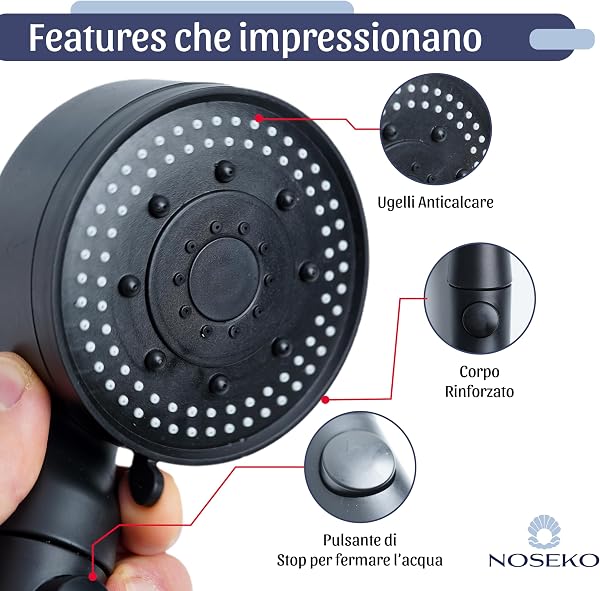 Soffione Doccia Alta Pressione a 5 getti, con Tubo 150 cm, Supporto Adesivo e Pulsante Stop - Attacco Universale G1/2 Anticalcare - 3