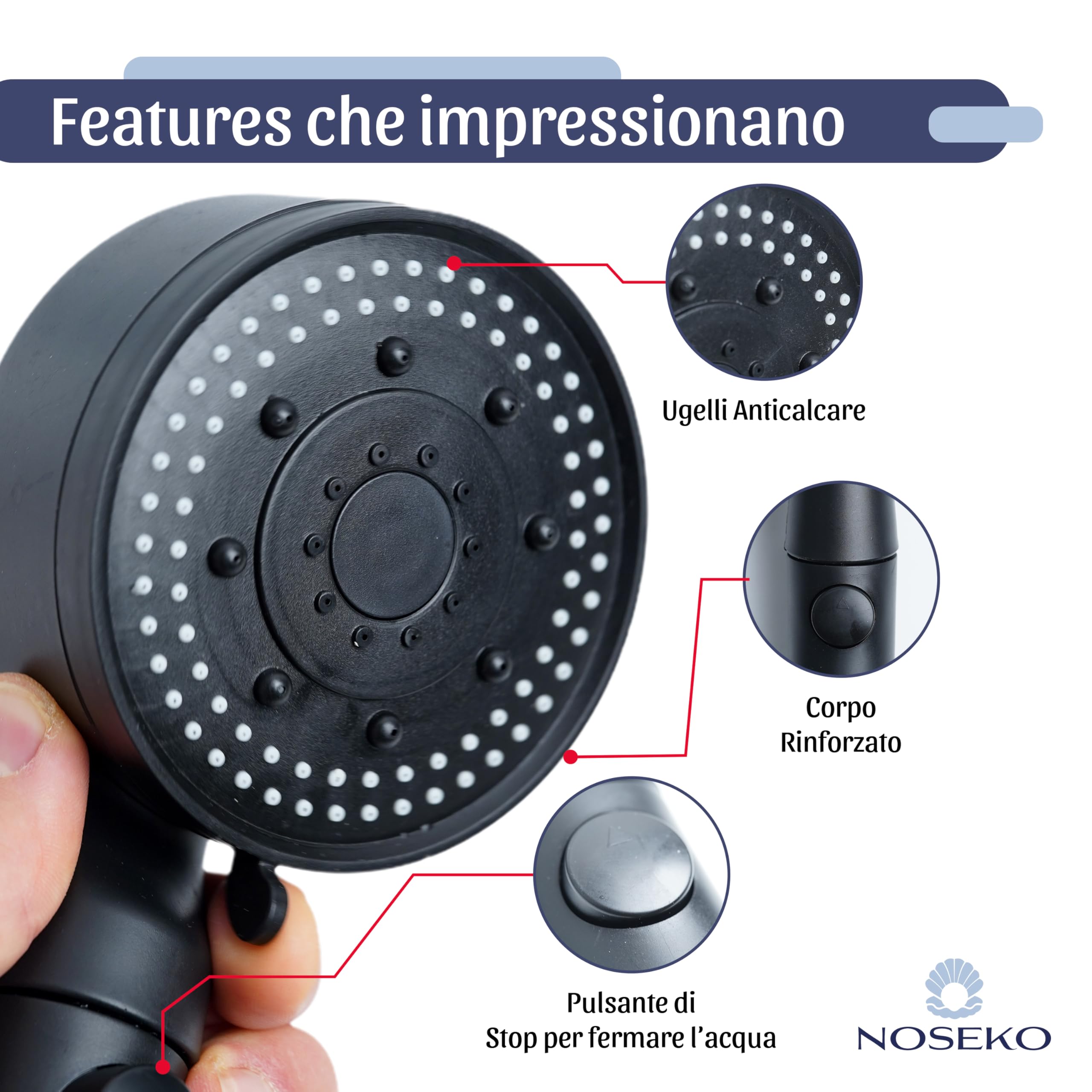 Soffione Doccia Alta Pressione a 5 getti, con Tubo 150 cm, Supporto Adesivo e Pulsante Stop - Attacco Universale G1/2 Anticalcare - 3