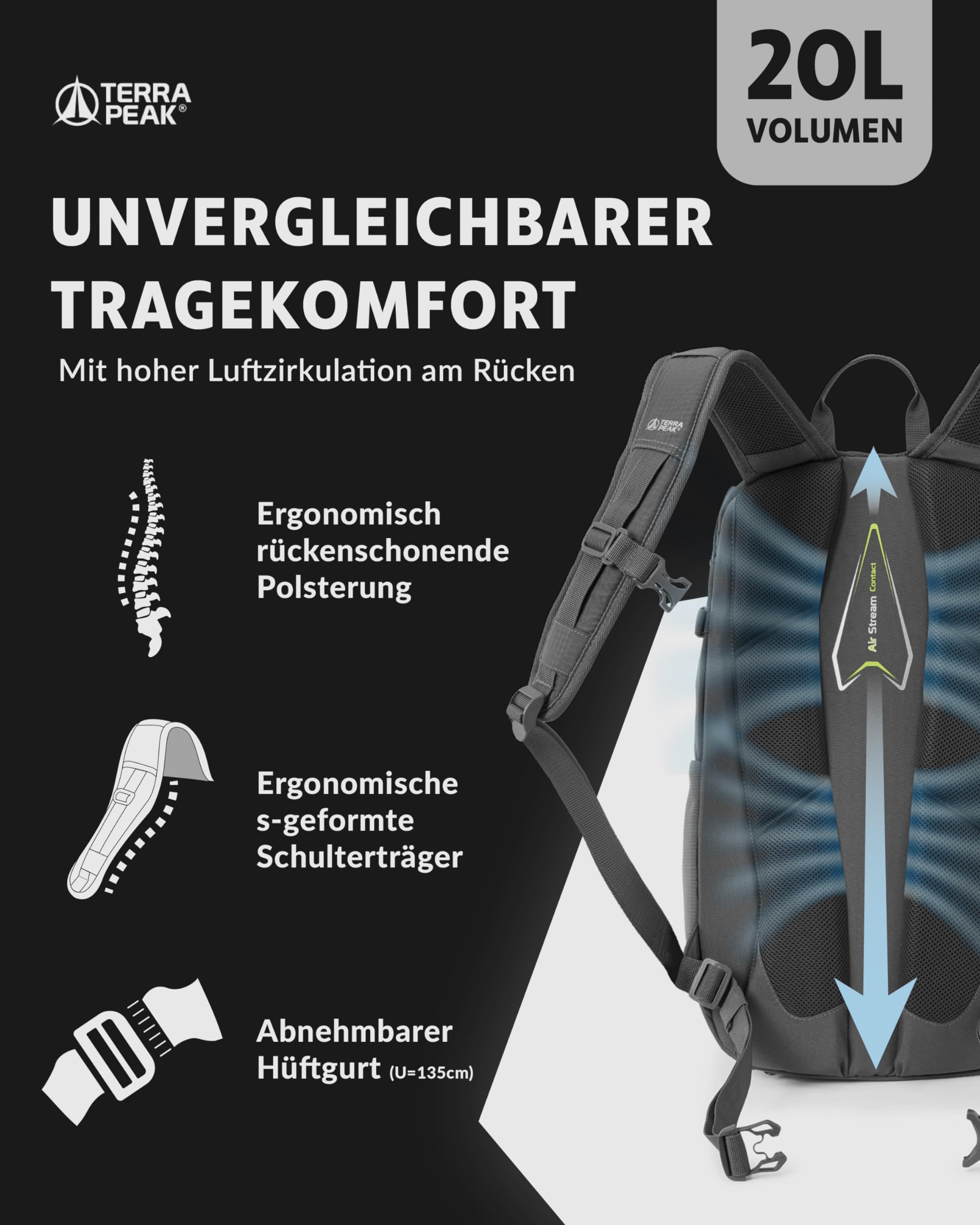 Terra Peak® Premium Wanderrucksack 20L (FLEX 20) klein mit Rückenbelüftung, Regenschutz & Trinksystem-Halterung - Ergonomischer Outdoor Trekkingrucksack aus 3D Air Mesh Polyester & Hüftgurt