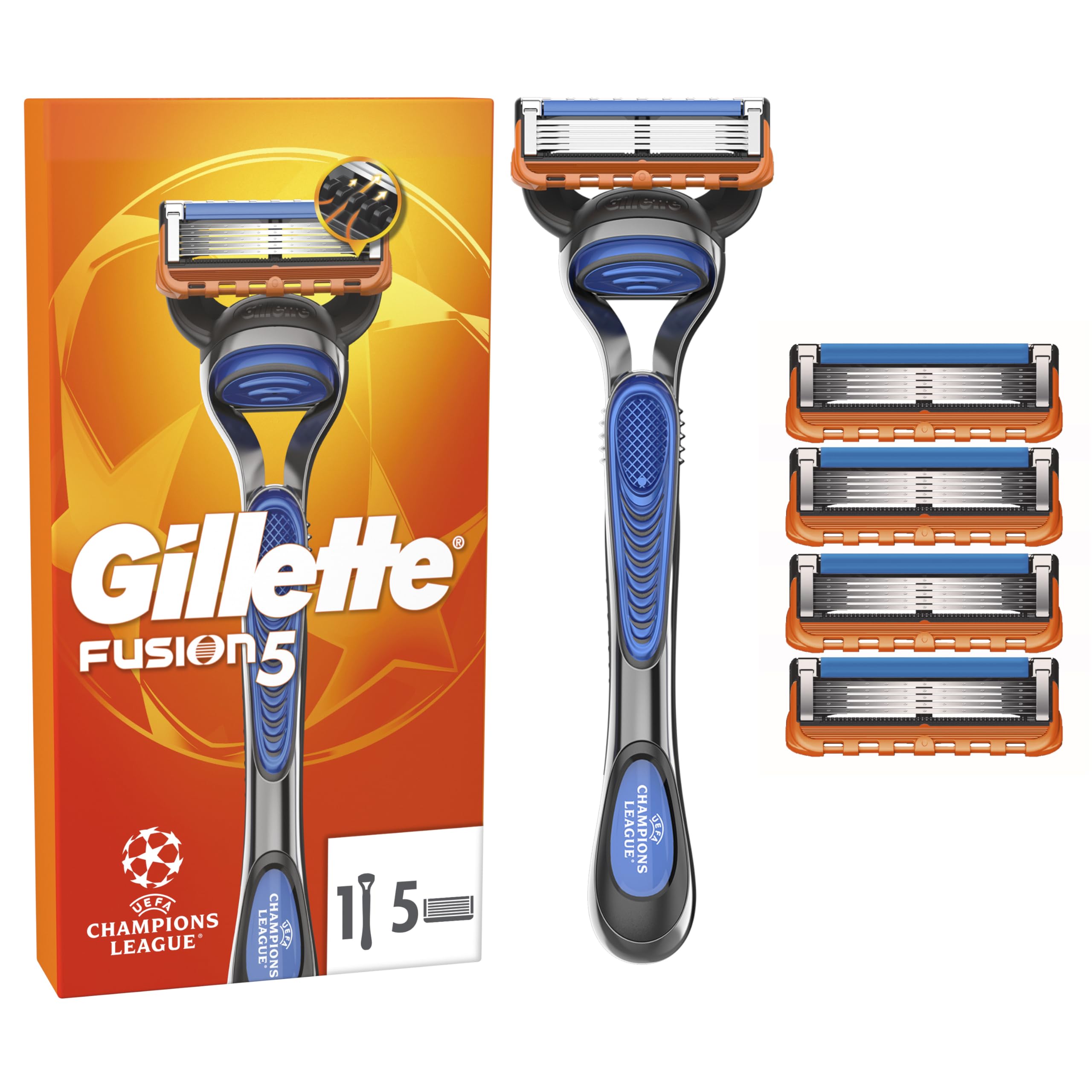Gillette Fusion5 UEFA Champions League Special Edition Maquinilla de Afeitar para Hombre, 1 Mango + 5 Recambios, con Banda Lubricante para Un Afeitado Apurado, Azul/Negro