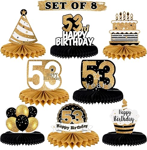 Miniatura 58 de LINGTEER Decoración feliz 50 cumpleaños negro y dorado de papel para mesa - Juego de centros de mesa con estrella de pastel y globo, 8 piezas