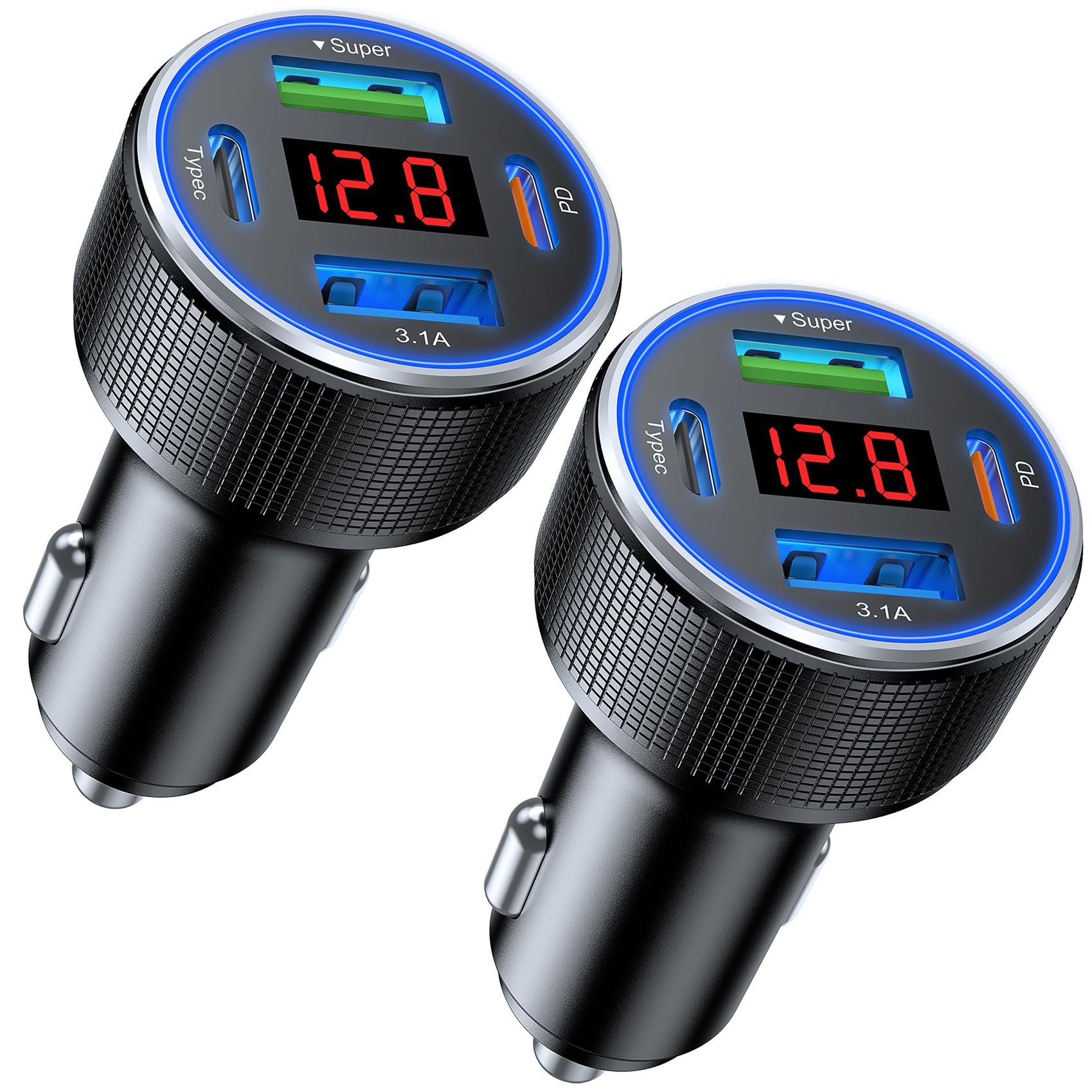 USB Car Charger 2 Pack Cigarette Lighter USB Charger Aluminum Alloy Fast Charging Car Charger Adapter with Voltage