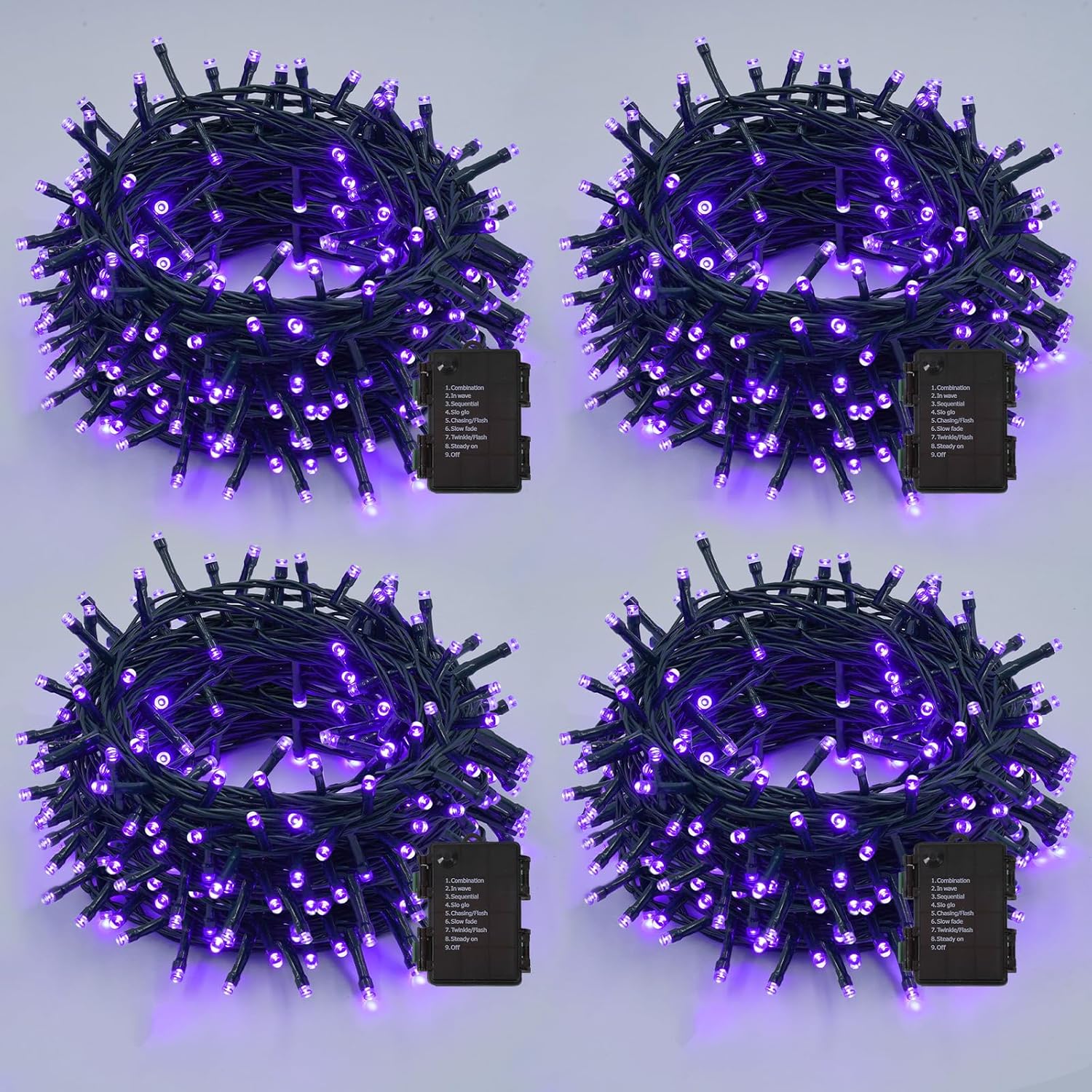 QITONG Halloween String Lights Battery Operated, 4 Pack each16ft 50 LED Purple led Lights, 8 Modes Twinkle Lights with Green Wire Outdoor Indoor