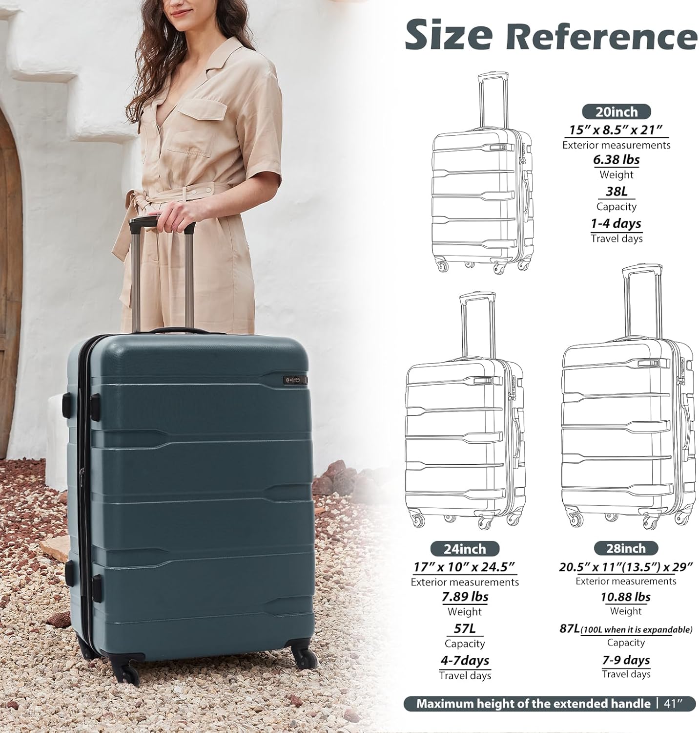 Coolife Luggage Set 3 Piece Hardside PC+ABS Suitcase with TSA Lock, Expandable Large Checked Luggage, Lightweight Rolling Carry On with Spinner Wheels(20/24/28 Inch, Teal) - Image 8