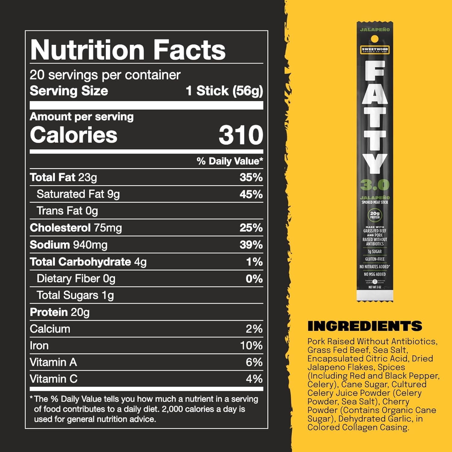 FATTY Grass-Fed Beef Smoked Meat Sticks, Jalapeno Flavor, 20g Protein Per Stick, 3 oz. (Pack of 20)