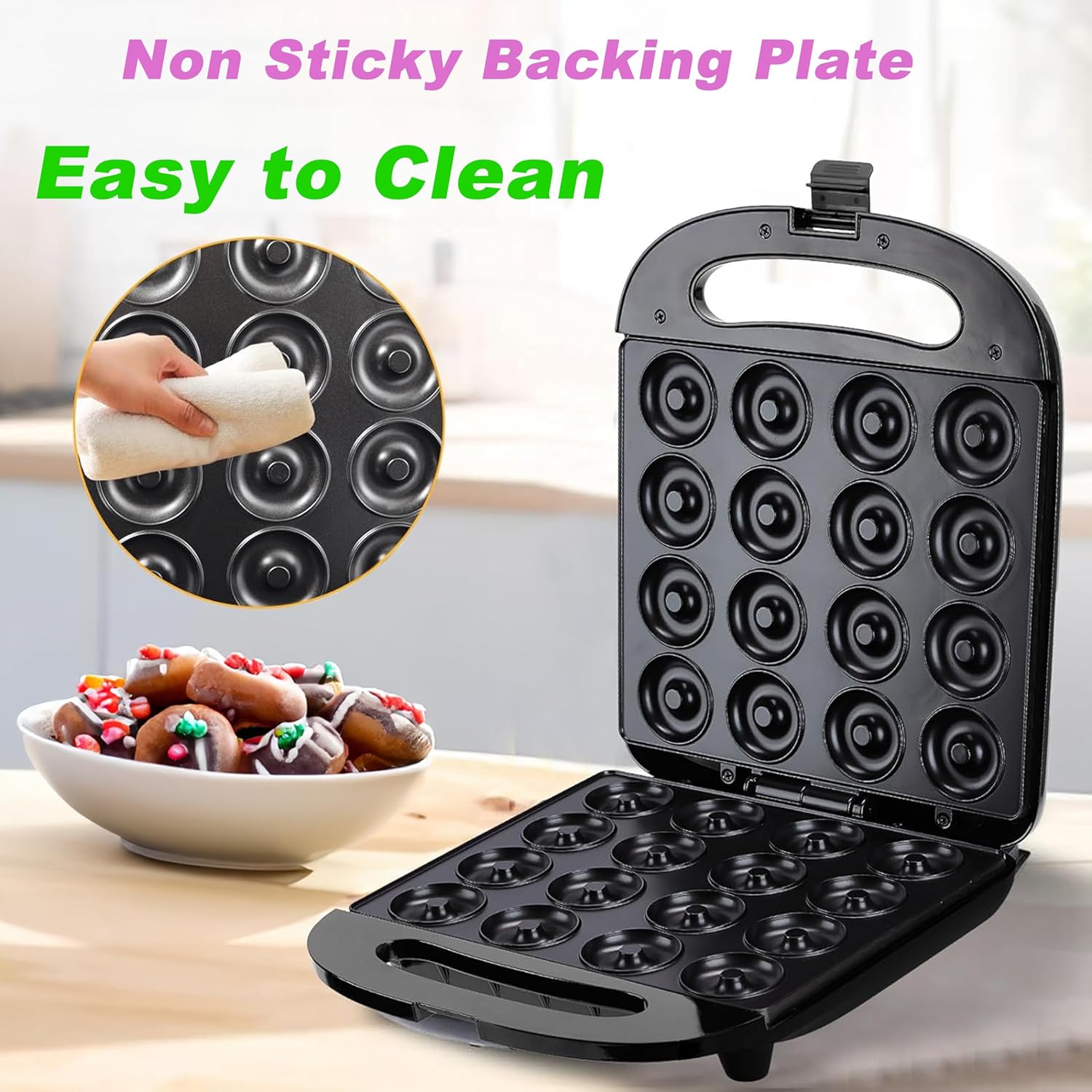 Atikul's Mini Donut Maker Machine Updated Doughnut Waffle Pancake Cake mini donuts Maker Non-stick Kid's friendly Double-Side Heating16 Small Donuts fryer Machine for Instant Breakfast (Black)