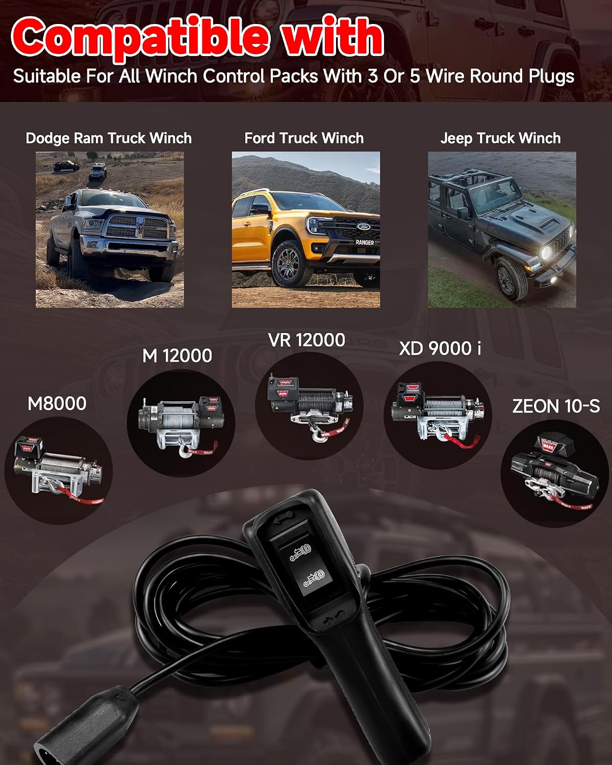 WARN 83665 Plug-in Wired Truck Winch Remote Control Compatible with Warn M8000 M10000 M12000 Winches for Ford Dodge Ram Power Wagon 5-Pin Handheld Control with Ergonomic Grip and 12' D-Shape Cable