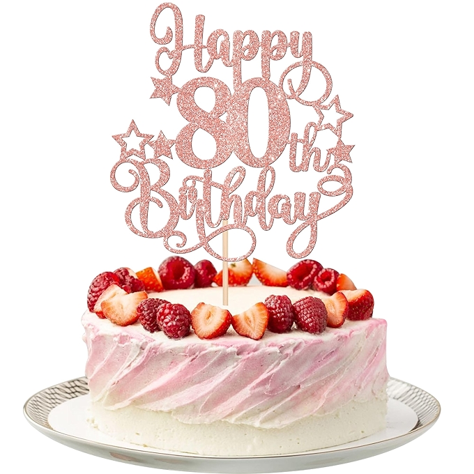 欢乐80岁生日蛋糕装饰 - 玫瑰金闪光设计
