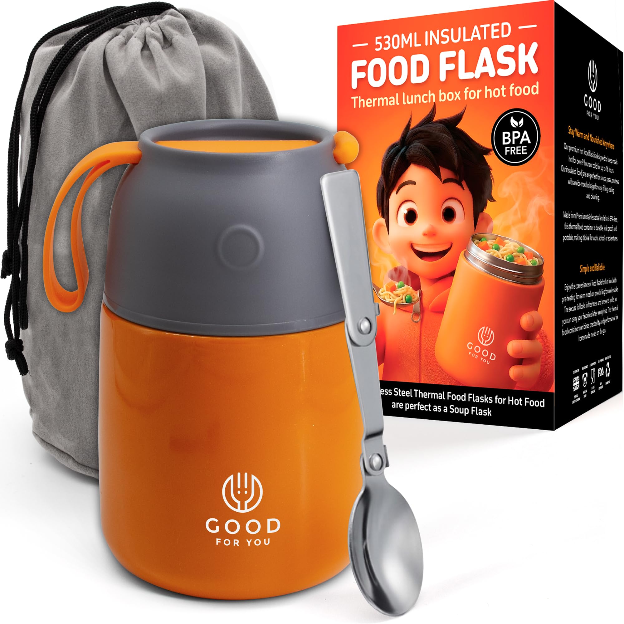 Good For You Orange - Thermal Food Flasks For Hot Food, Soup Containers, Ideal As A Thermal Lunch Box, Soup Flask Or Food Warmer Lunch Box - Stainless Steel Insulated Hot Food Flask