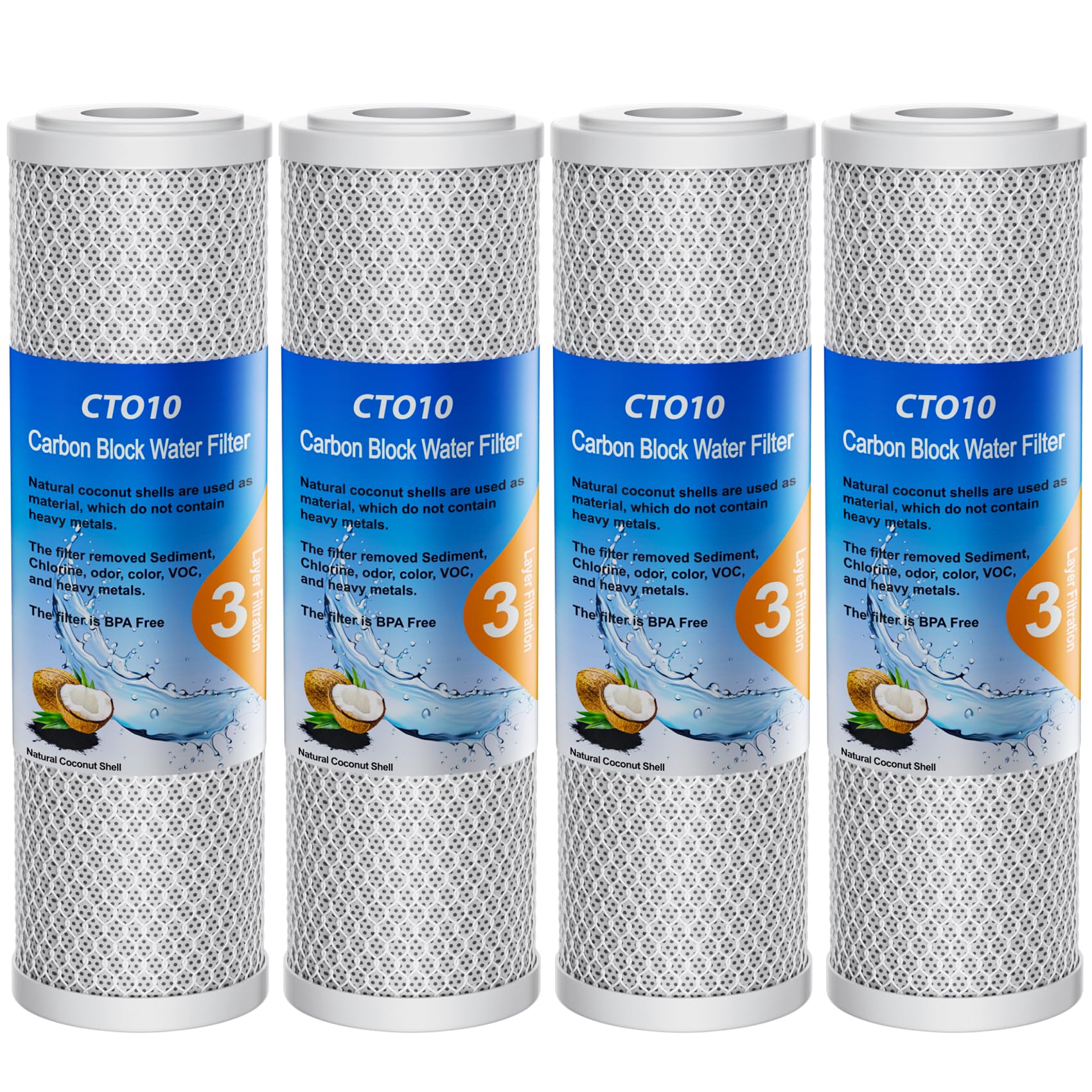 Sabethe 1 Micron 2.5" x 10" Whole House CTO Carbon Sediment Water Filter Cartridge Compatible with DuPont WFPFC8002, WFPFC9001, SCWH-5, WHCF-WHWC, FXWTC, CBC-10, RO Unit, Pack of 4