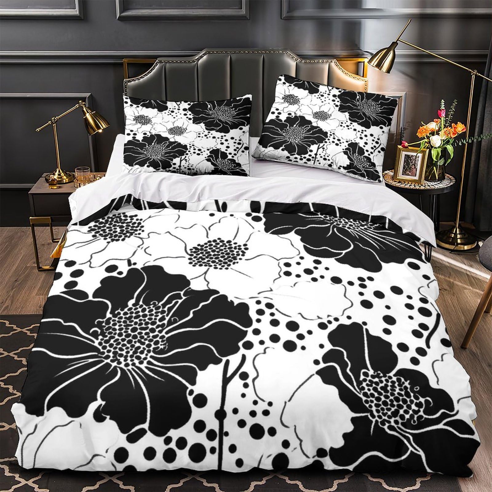 Parure de lit noire fleurs 3D housse de couette microfibre douce