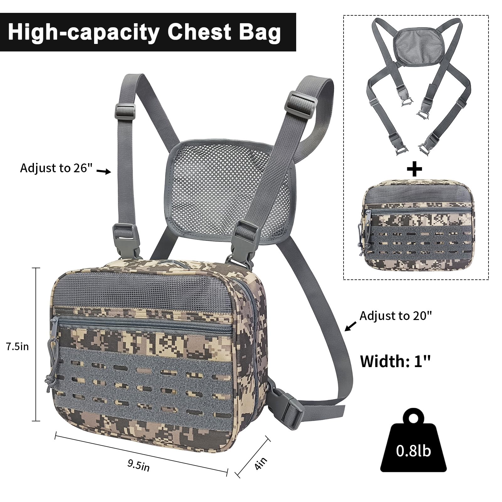 SUNRISING Tactical Chest Rig Bag Modular Tool Bag Tactical Molle Management Bag Detachable Magazine Pouches Plate with Strap Large Capacity Men's Chest Bag for Hunting Running Fly Fishing Grey Camou