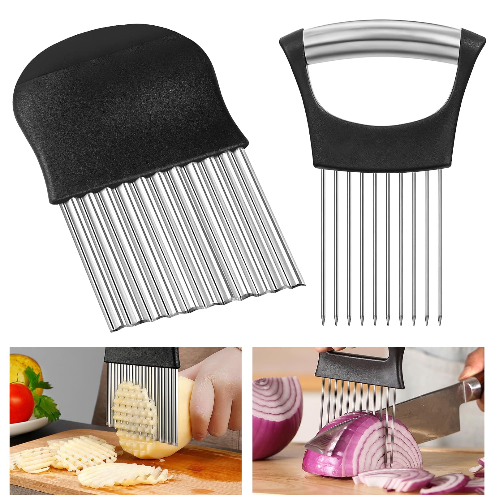 Coupe Oignon Et Patate 2 Pièces - Acier Inoxydable, Lame Ondulée, Pour Légumes Et Viandes