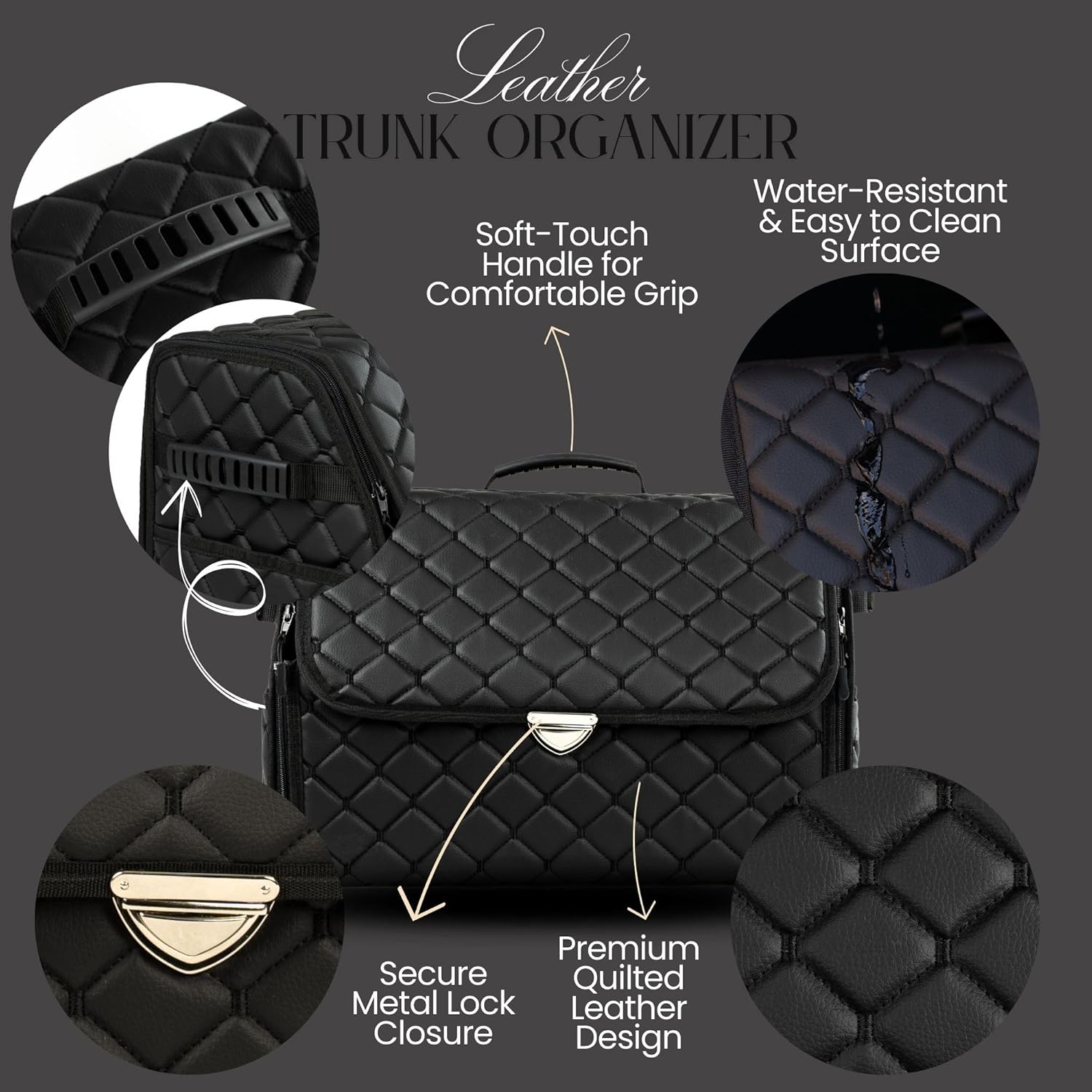 Leather Trunk Organizer with Lid for Suv and more, Foldable Car Organizer, Car Organizers and Storage with Pockets, Non-Slip Design (Black-Black)