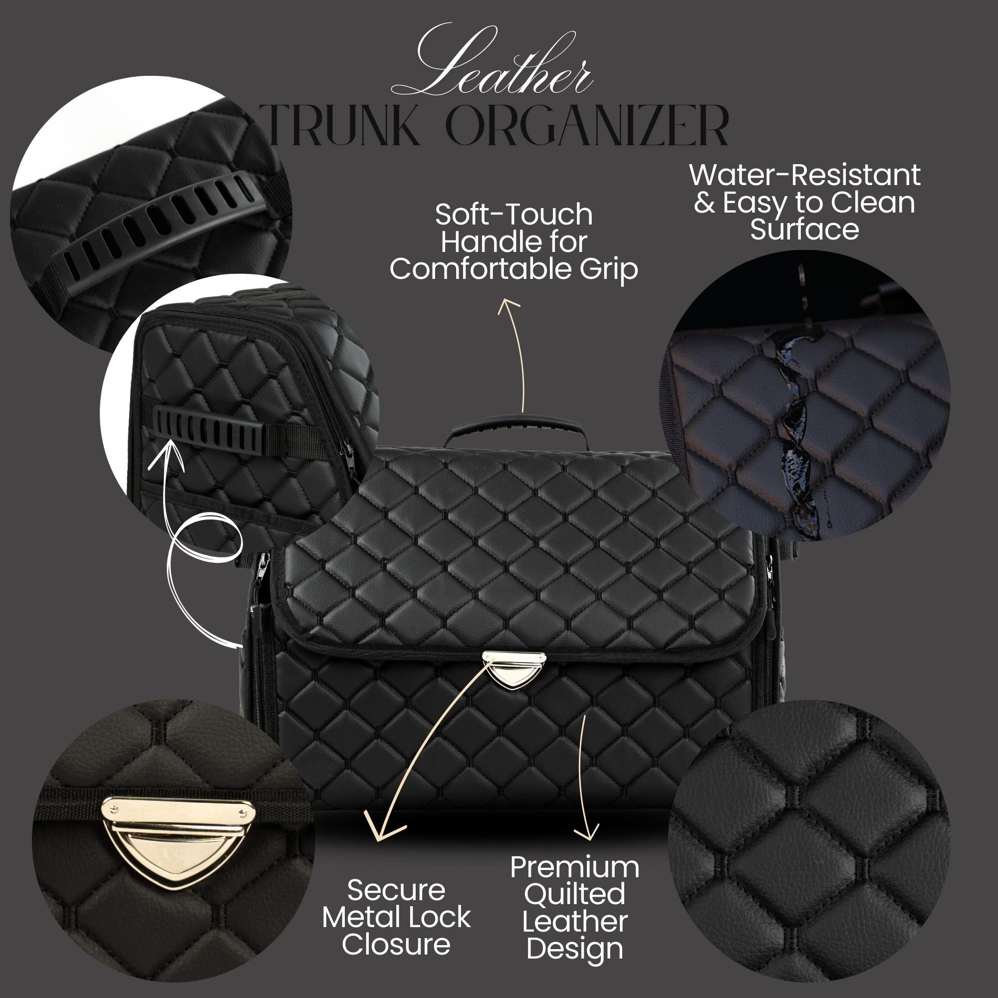 Organizer per bagagliaio in pelle con coperchio, organizer pieghevole per bagagliaio con tasche e divisori, organizer per bagagliaio, design antiscivolo (nero-nero)