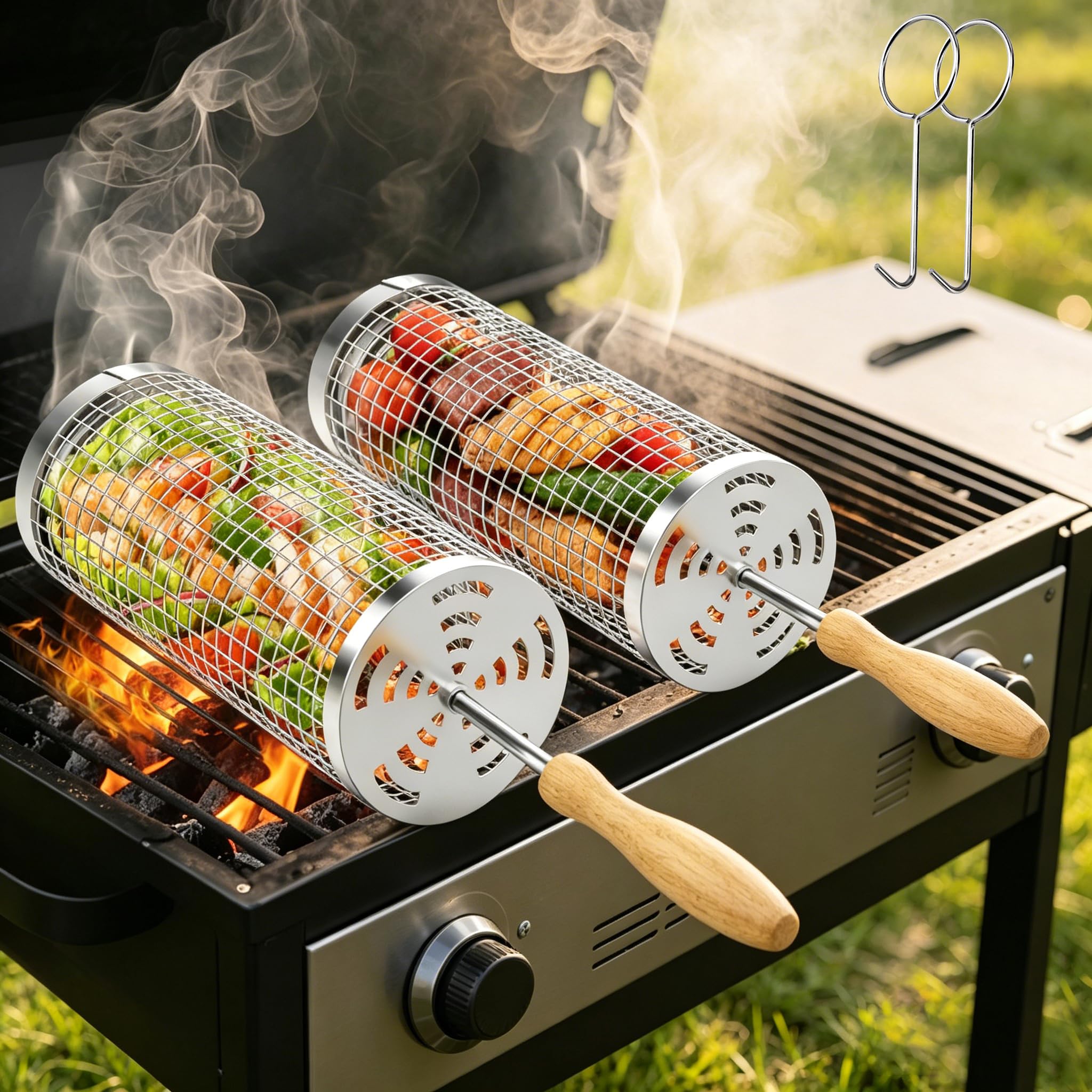 Cestelli per Barbecue in Acciaio Inossidabile Accessori Barbecue (2PCS), Manico in Legno Rimovibile, per Verdure Carne Cibo di Mare, Regali di Compleanno per Uomini, Papà, Marito