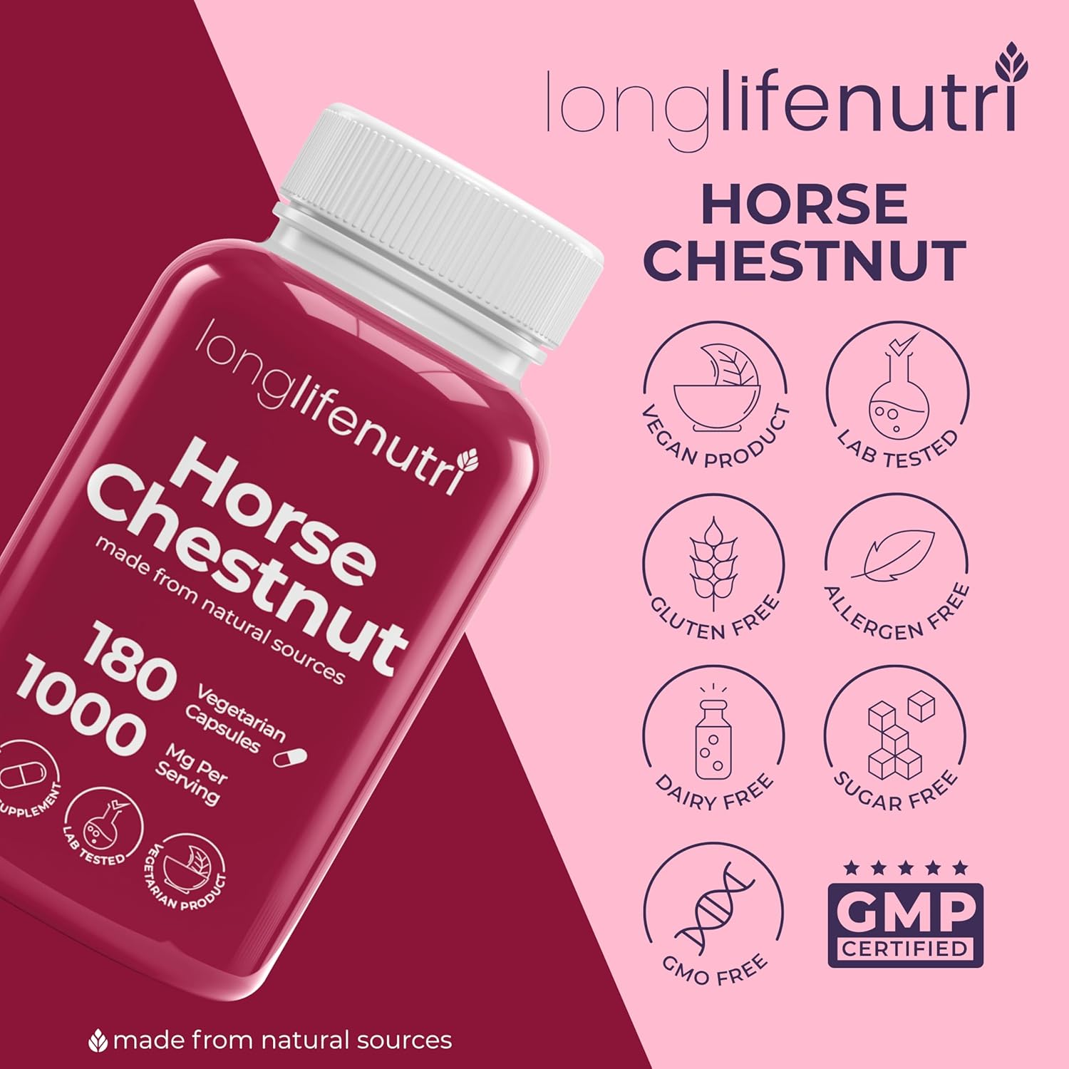 LongLifeNutri Horse Chestnut Extract 500mg - 180 Vegetarian Capsules, Organic Supplement for Daily Wellness & Circulation, 3-Month Supply, GMP Certified, Made in USA - Image 7