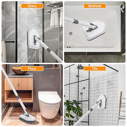 Miniatura 7 de Cepillo de limpieza 4 en 1, cepillo de limpieza para bañera y azulejos con mango largo, cepillo de lechada, cerdas rígidas, esponja para fregar,