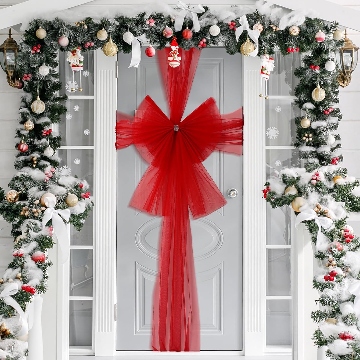 Knitgrip 29 x 295 Inch Extra Large Christmas Front Door Bow Decorations Red Giant Cabinet Bow Long Streamers for Cabinet Xmas Door Tree Wreath Wall Porch Decorations