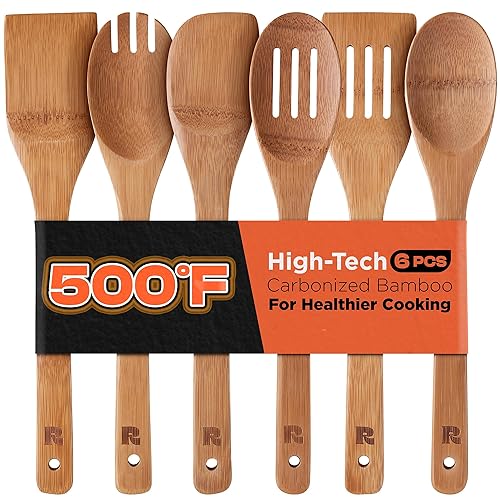 Riveira Dark Bamboo Wooden Spoons for Cooking 6-Piece, Apartment Essentials