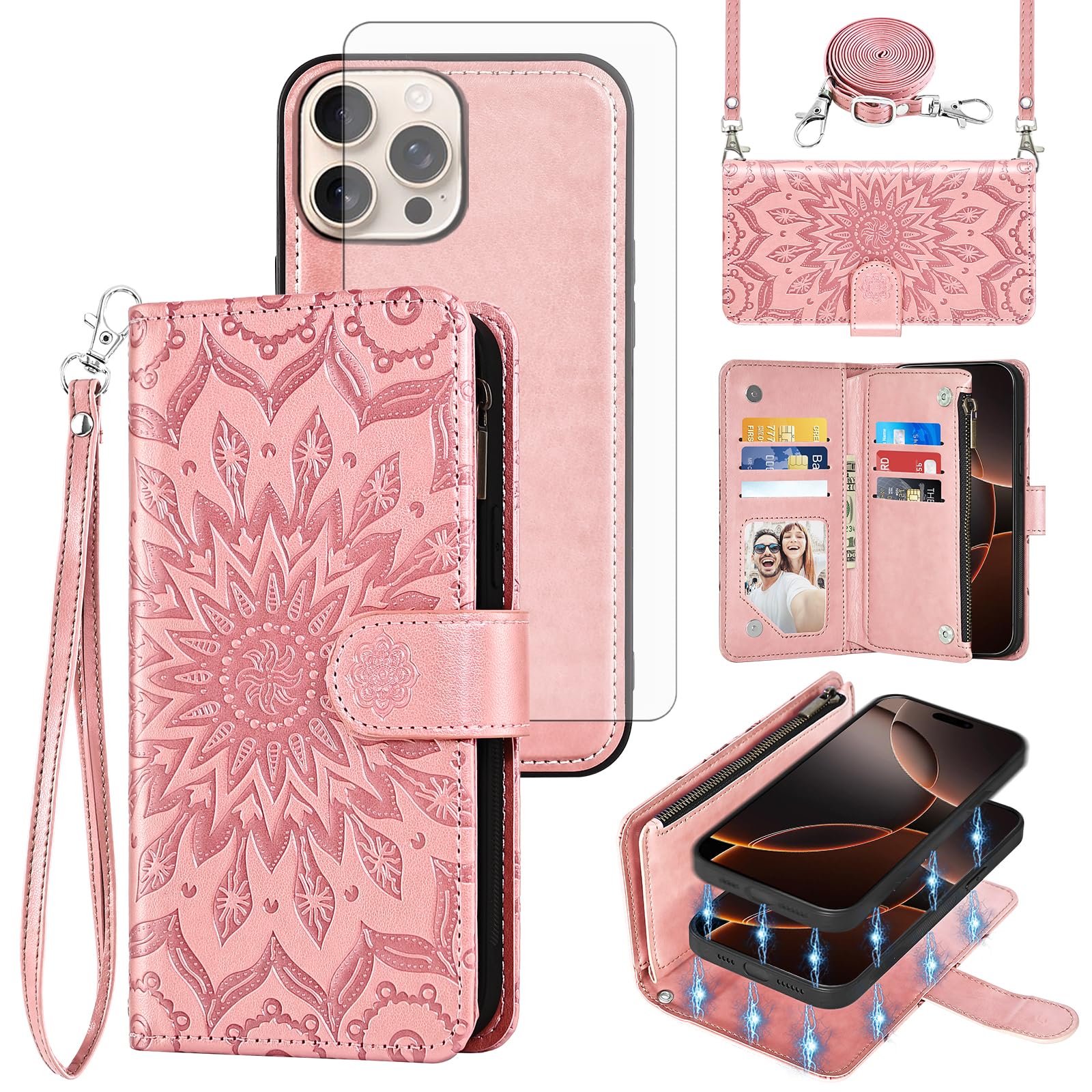 Coque iPhone 16 Pro Asuwish portefeuille détachable dorée avec protège-écran - 8