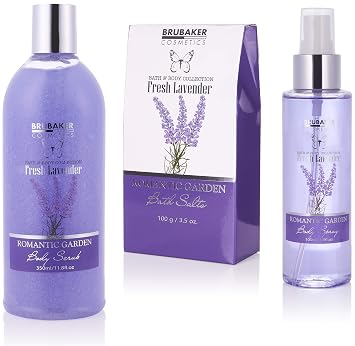 BRUBAKER Cosmetics Relaxing at Home Spa Gift Basket - Fresh Lavender - 9 Pcs Bath & Body Gift Set Including Vintage Planter