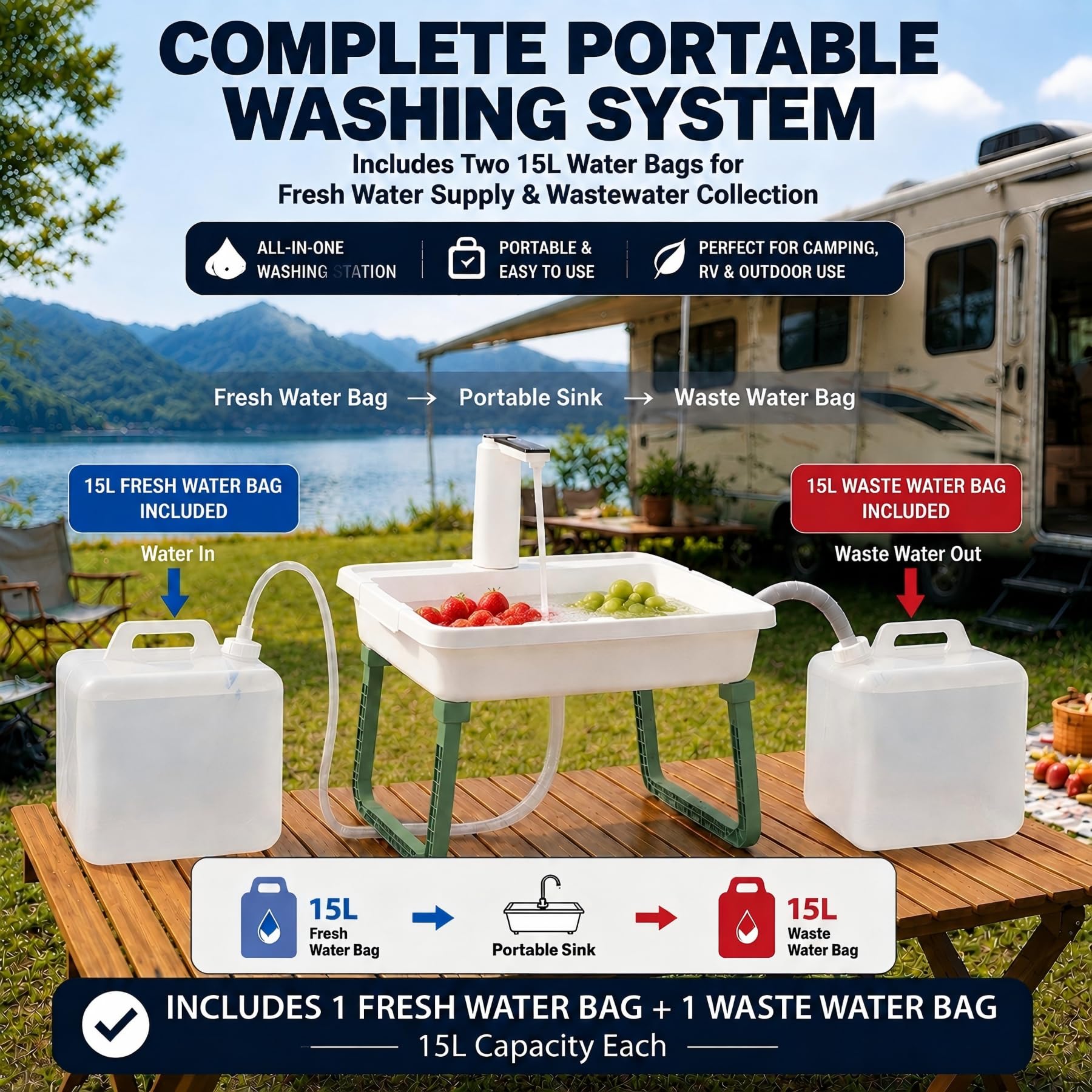 Fregadero portátil para camping con bolsa de agua plegable de 2 x 15 L, estación de lavado de manos al aire libre con grifo, fregadero de camping con manguera de drenaje, no requiere fontanería, para