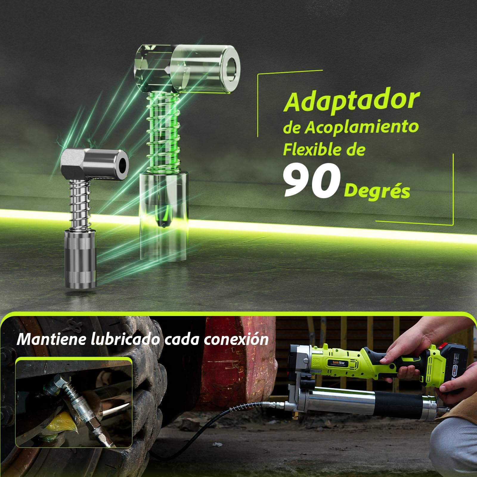 TaskStar Engrasadora 2 en 1 con 2* Baterías de 4000 mAh, [Mucho más Fácil de Usar] Engrasadora a Batería con Adaptador de Acoplador de Pistola de Engrasar de 90 Grados, y Luz LED Brillante