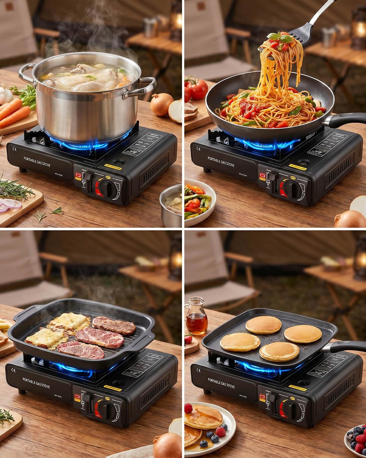 Réchaud à gaz de camping portable avec étui de transport, réchaud de camping coupe-vent avec allumage facile, réchaud à gaz d'extérieur compact pour pique-nique, camping et barbecue