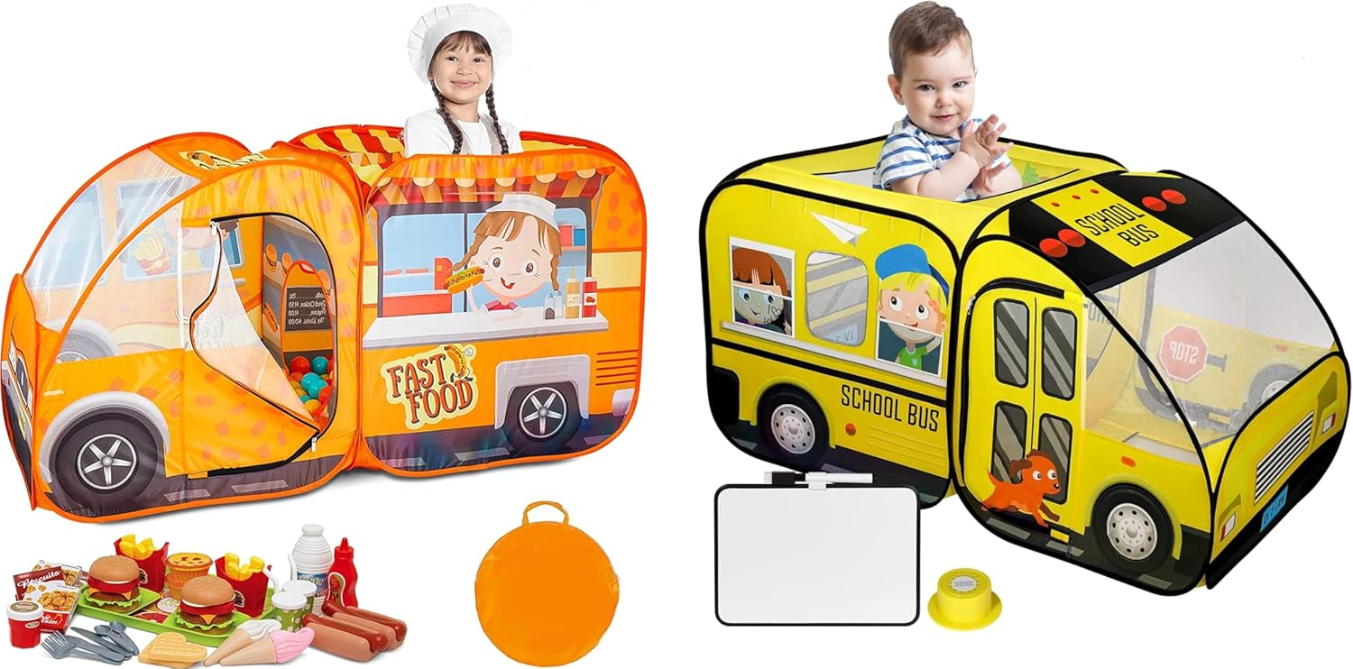 Kiddzery School Bus & Food Truck Play Tent Bundle with Sound Play Button & 54 Pc. Food Set - Pop Up Playhouses for Indoor & Outdoor Fun - Perfect for Toddlers, Boys & Girls Pretend Play