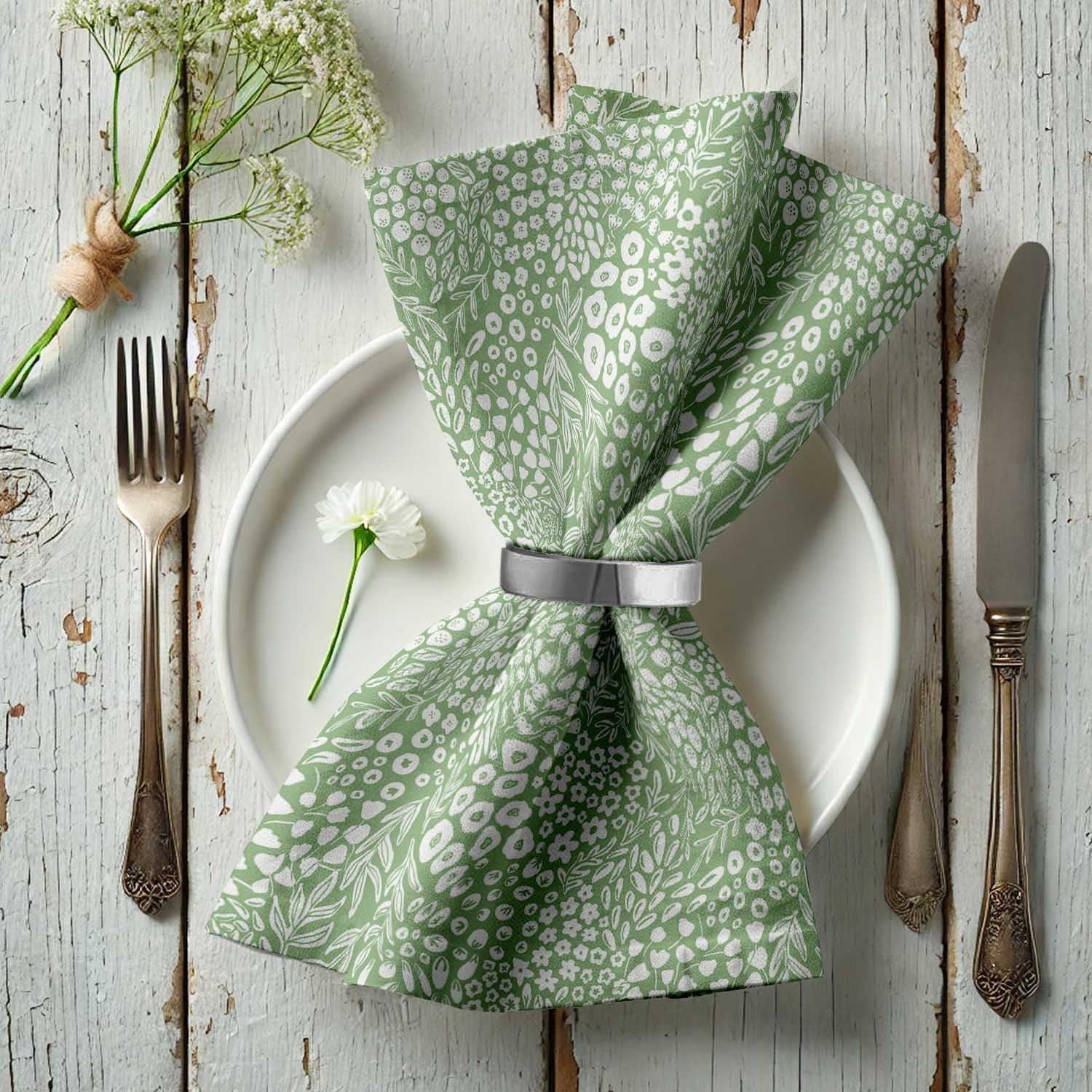 Mini Meadow Floral Print Cotton Canvas Napkins - Set of 12, 20x20 Inches, Soft Green Accents, Perfect for Spring and Summer Tables, Teas, and Party Gatherings - Machine Washable