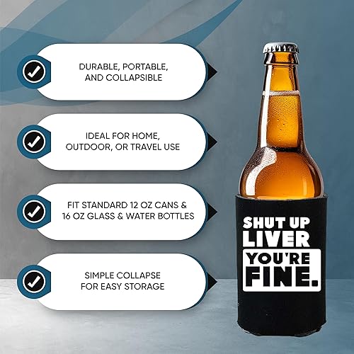 Miniatura 7 de Divertidos frases de fiesta de cerveza para latas de cerveza con aislamiento térmico para bebidas con soda, cerveza Hugger Coolies (negro, paquete