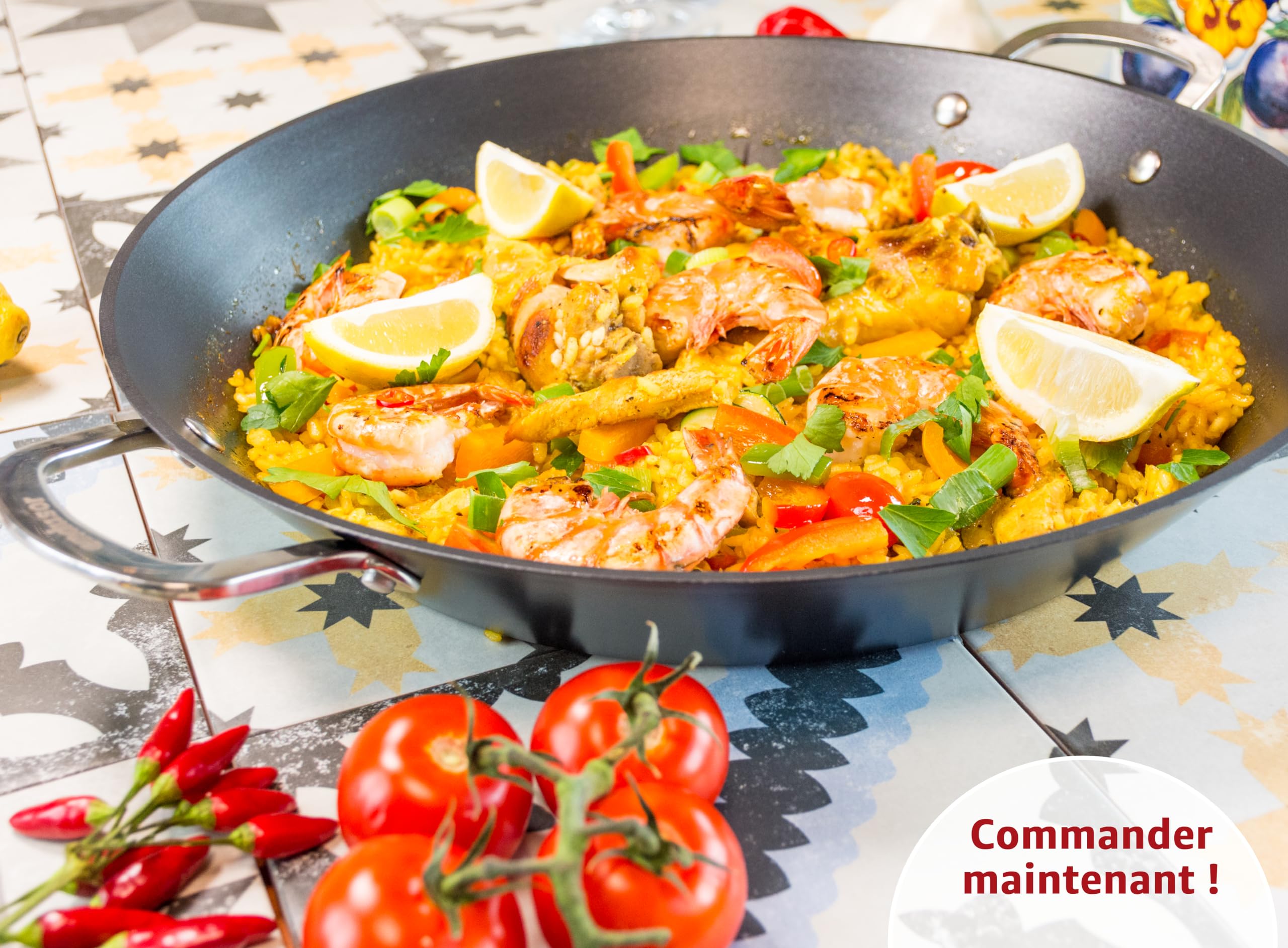 endusor Poele à paella Induction - Poele paella avec 38cm de diamètre pour 6-8 personnes - Adaptée à toute cuisinière + revêtement anti-adhésif | Induction Gaz Céramique Électrique | Paella maison