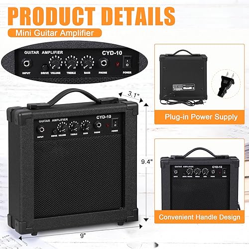 Miniatura 7 de Smartxchoices - Guitarra eléctrica de tamaño completo de 39 pulgadas, kit de iniciación para principiantes con amplificador de 10W, púas, cuerdas,