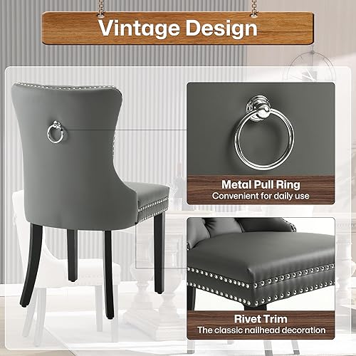 Miniatura 5 de Juego de 2 sillas de comedor de piel sintética, tapizadas con botones copetudos, con ribete de remache, anillo de metal y patas de madera para