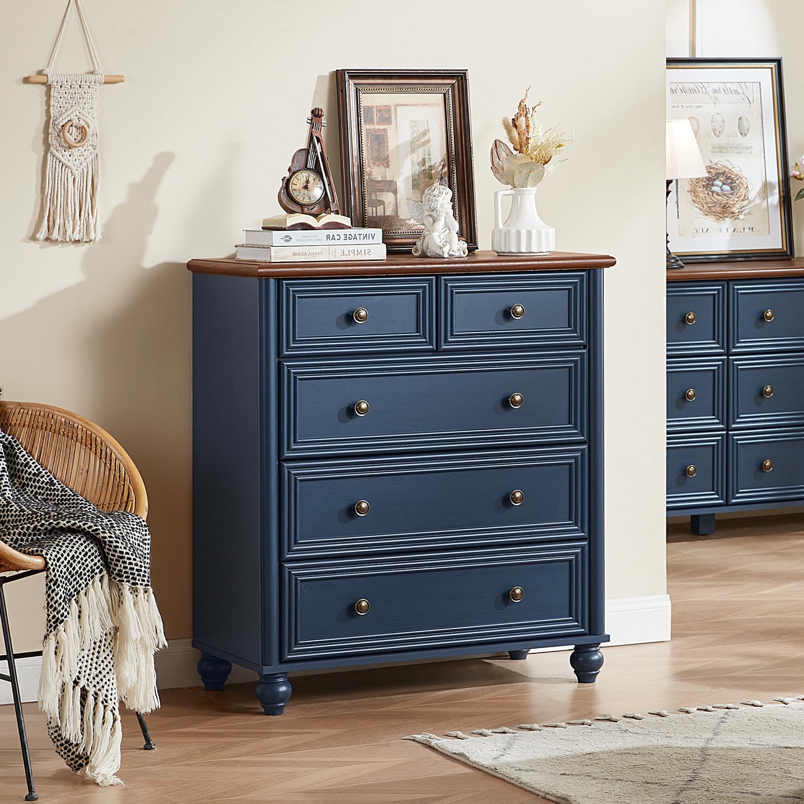Amazon.com: RWYHG Farmhouse 5 Drawer Dresser for Bedroom, 35.5" Tall Small  Dressers & Chest of Drawers, Rustic Wood Dresser with Roman Column, Storage  Organizer for Living Room, Hallway, Closet (Blue) : Home