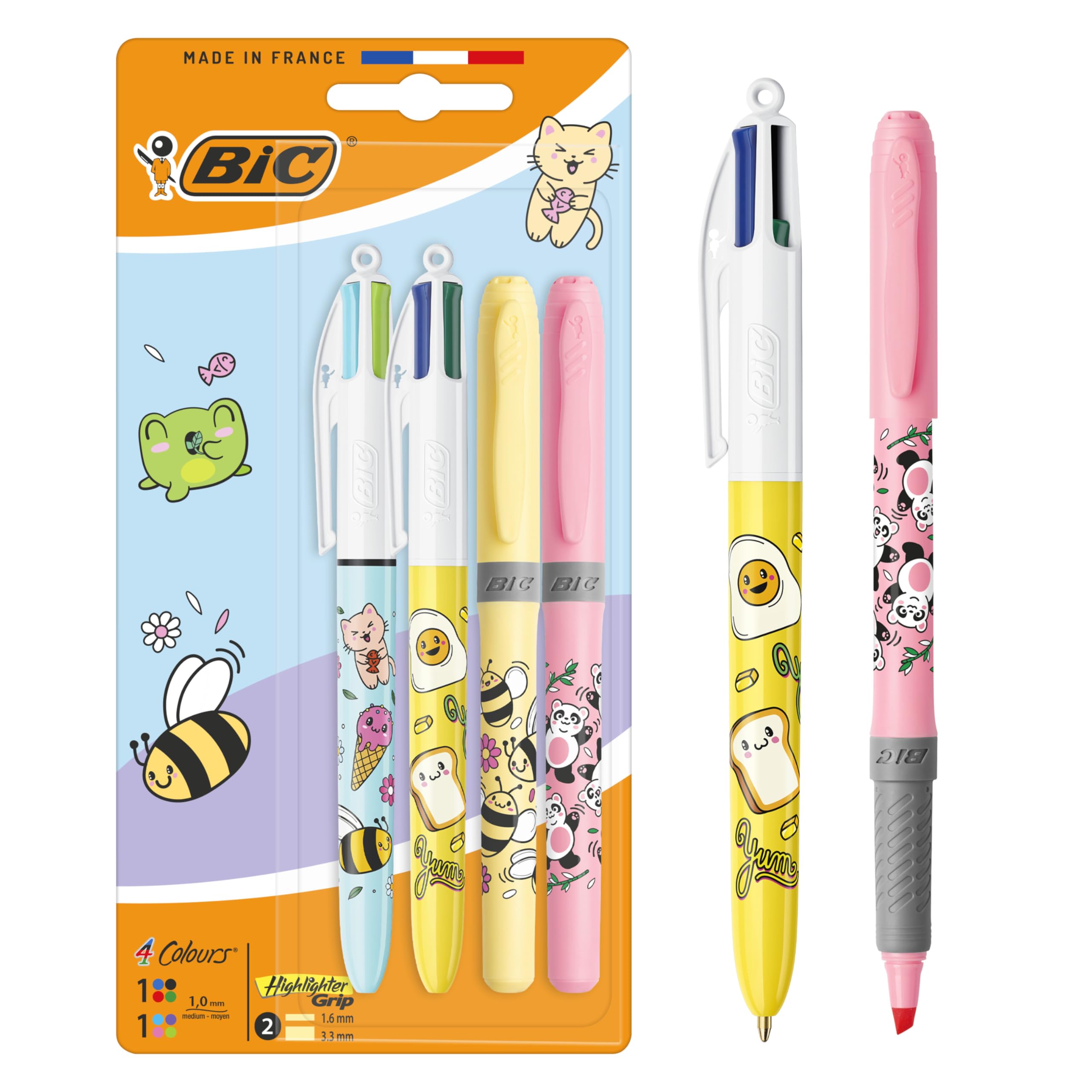 BIC 4 Colours Decors Serie Kawaii Bolígrafo Retráctil de Punta Media (1,00 mm) en Colores de Tinta Alegres + BIC Highlighter Grip Decors Punta Biselada - Diseños Kawaii Surtidos, Pack de 4