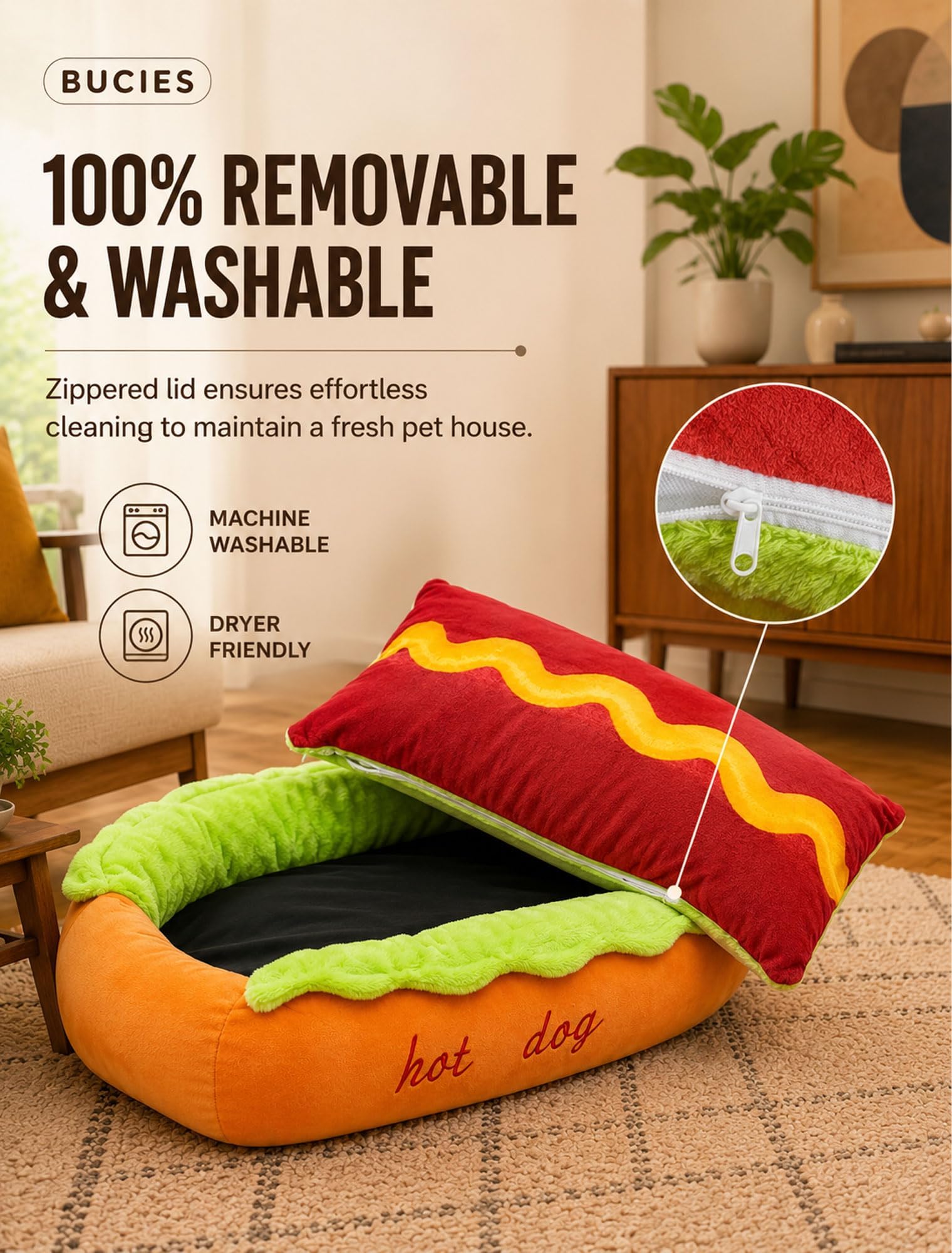 Cuccia Hot Dog per cani piccoli e gatti, letto in peluche con cuscino rimovibile lavabile, nido caldo e morbido per bassotto, cucciolo e gattino (XL)