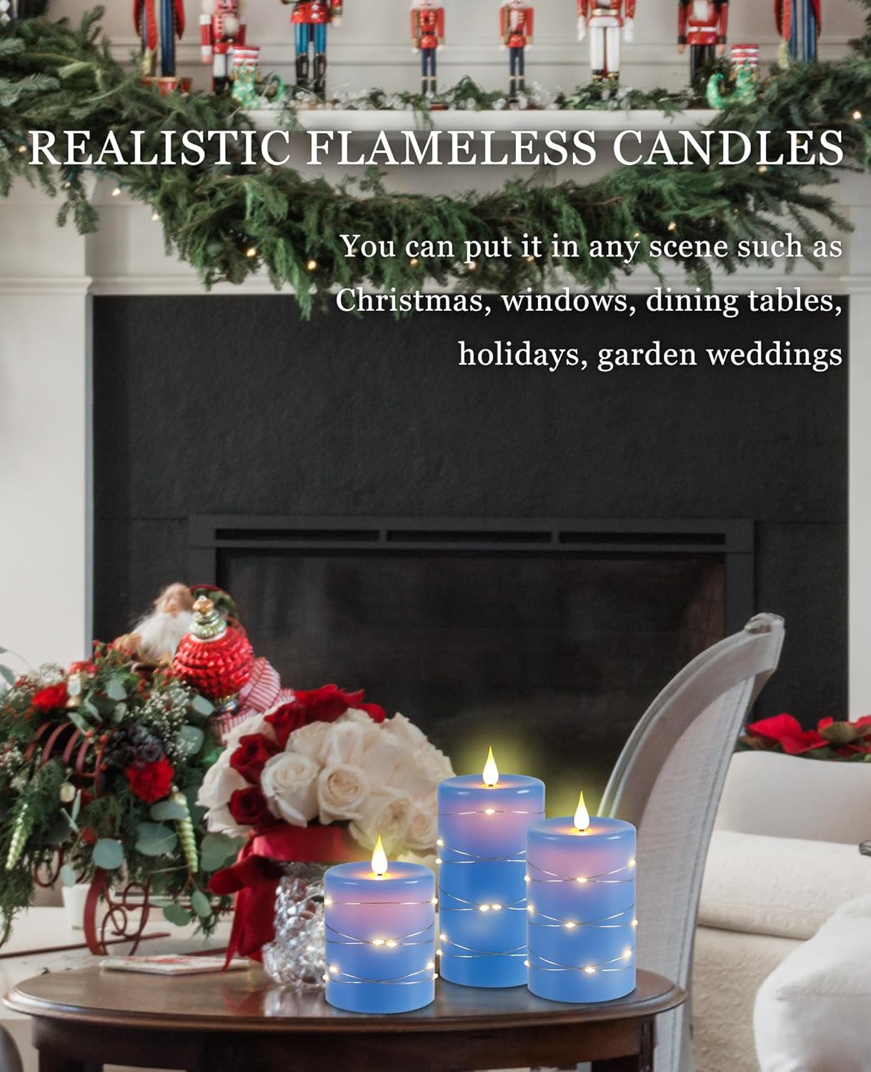 Da by Flameless Candles with String Lights，Battery Operated Candles,LED Flickering Candles with Remote Control and Timer, Real Wax, 3 Pack-Blue.