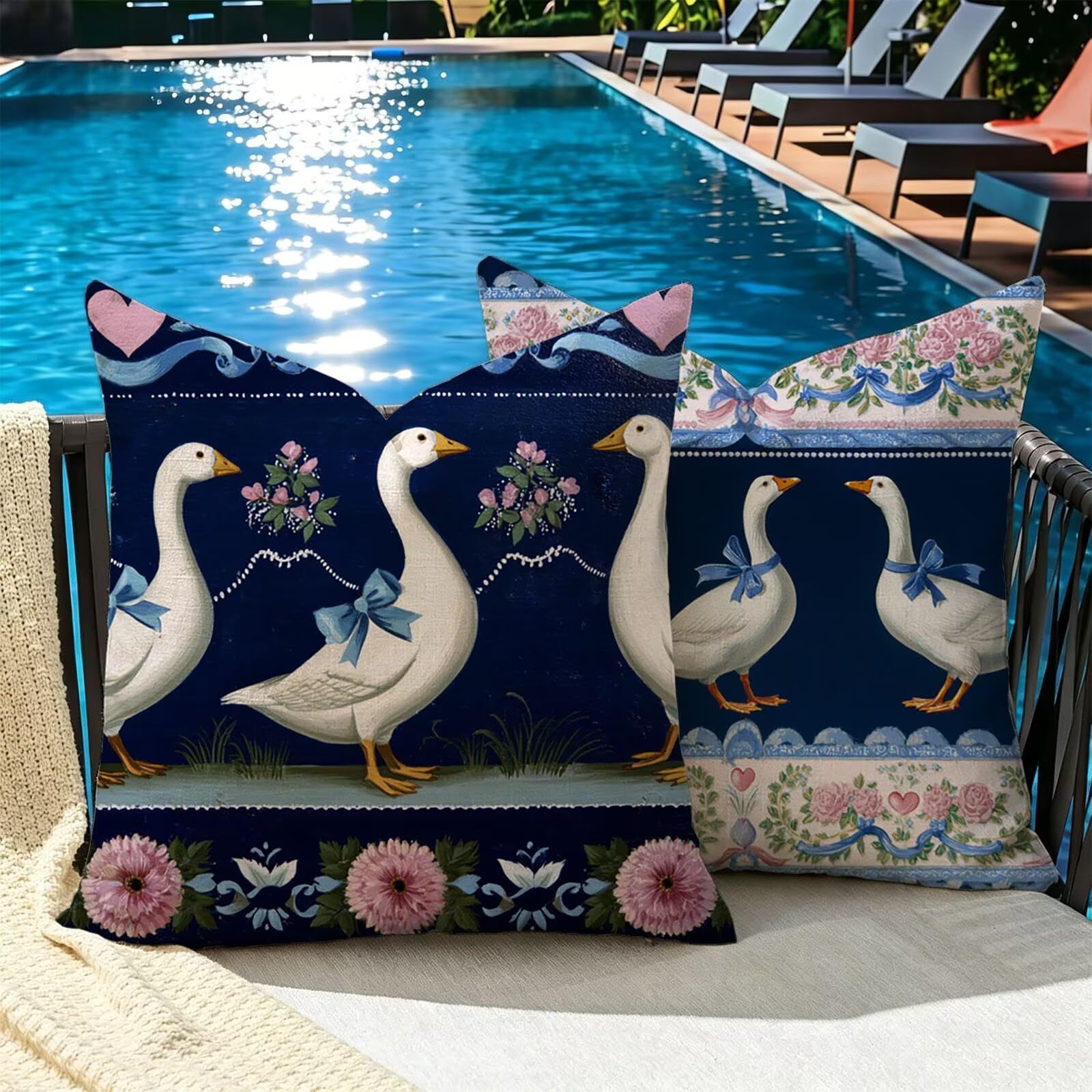 Kissenbezug 65x65cm Outdoor Kissen 2er Set Marineblau Gans Samt Dekokissen